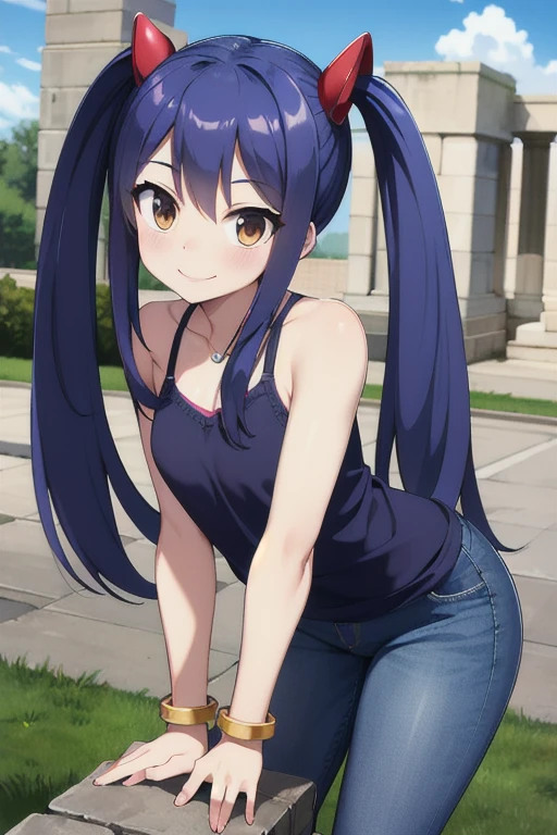 masterpiece, highest quality, High resolution, Arwendy, Long Hair, Twin tails, hair ornaments, Exposing shoulders, 
jeans,Bracelet, bracelet, Outdoor, leaning forward, Cowboy Shot, smile,
