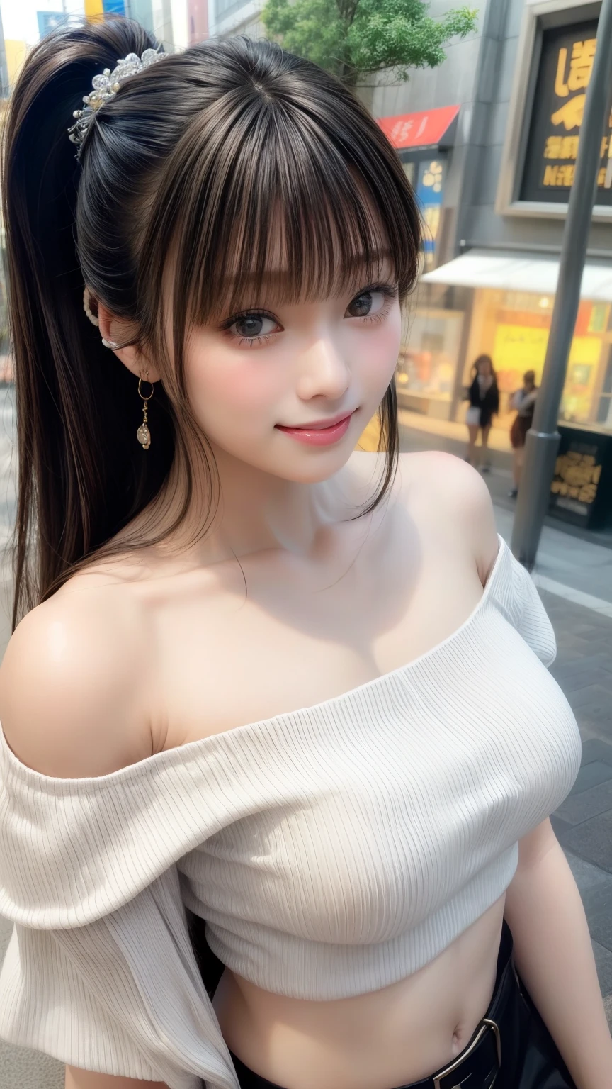 highest quality、Natural Lip、Fair skin、Great light、Beautiful lighting、((Straight hair))、((Ponytail Hair))、((Black Hair))、Blunt bangs、Off the shoulder、Big cleavage、White crop top、mini skirt、Gorgeous Accessories、Harajuku、smile、かわいいsmile、Crowds in the city