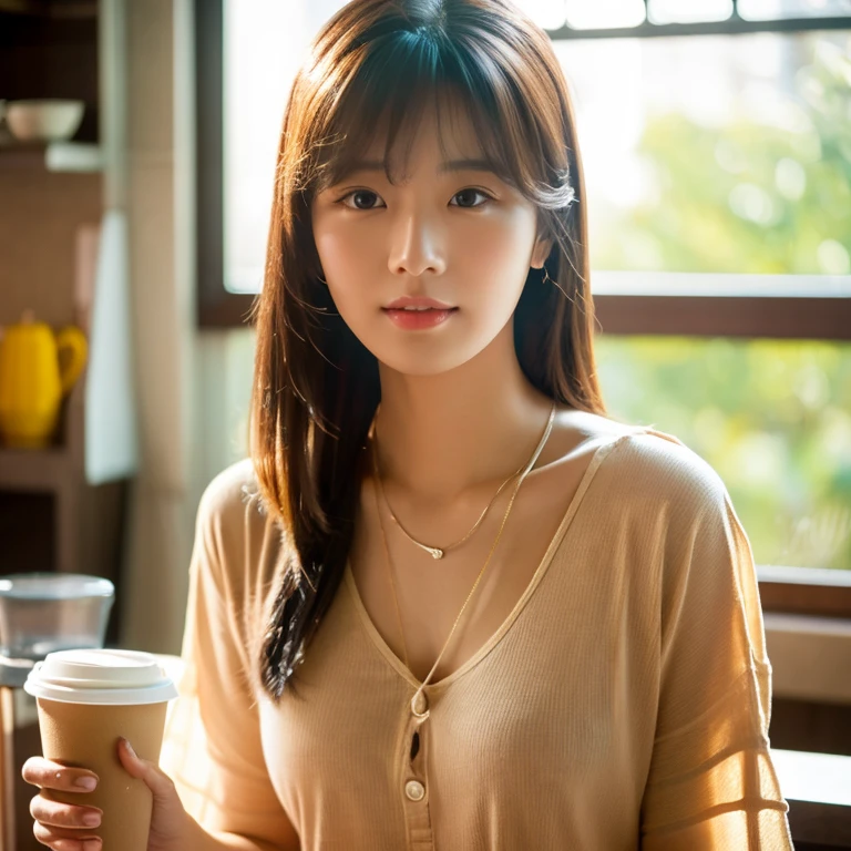 UHD, Close-up photo of a cute Korean woman, Tangjai looked straight at me.,) Chest size 34 inches, ponytail, wearing a yellow t-shirt Bang Rong Sai net,) necklace, In the coffee shop 8k photos, Shot with a high quality Fuji 45 camera.,000,000 pixels warm light,) realistic light colors,)