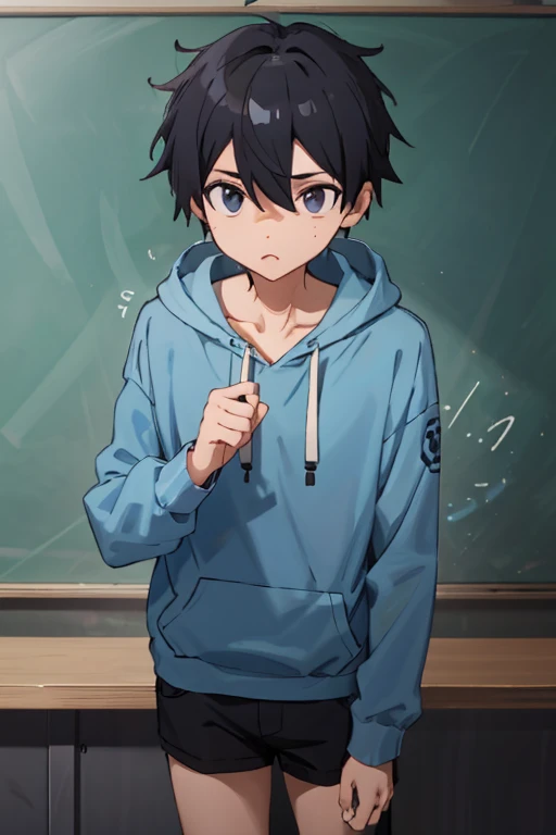 male、♂、Blue hoodie、Black mash hair、 Stand in front of the blackboard、