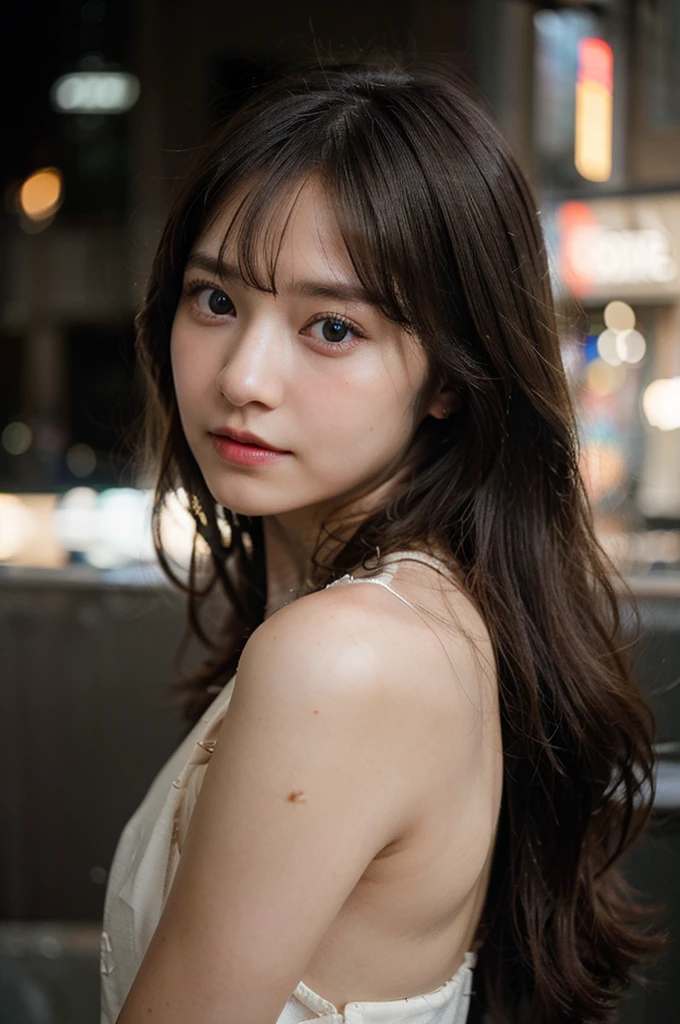 masterpiece, highest quality, 8k, 20th Generation, Large Breasts, cute, alone, sad, cute, Girlish, Delicate girl, Pure beauty, RAW Photos, Professional photography, Portraiture, Soft Light, Professional Lighting, Backlight, Head to Knee, avert your eyes, Sophisticated, Film Grain, (Eyes and facial details:1.0), Short floating hair, Beautiful, flowing hair, bangs, (A loose white see-through blouse)、(Large Breasts:1.2)、You can see a little cleavage、The nipple protrusions are clearly visible、(Pink micro mini skirt)、Voluptuous thighs、Translucent white skin、Dolly Makeup、(Odd Eye、The left and right eyes are different colors)