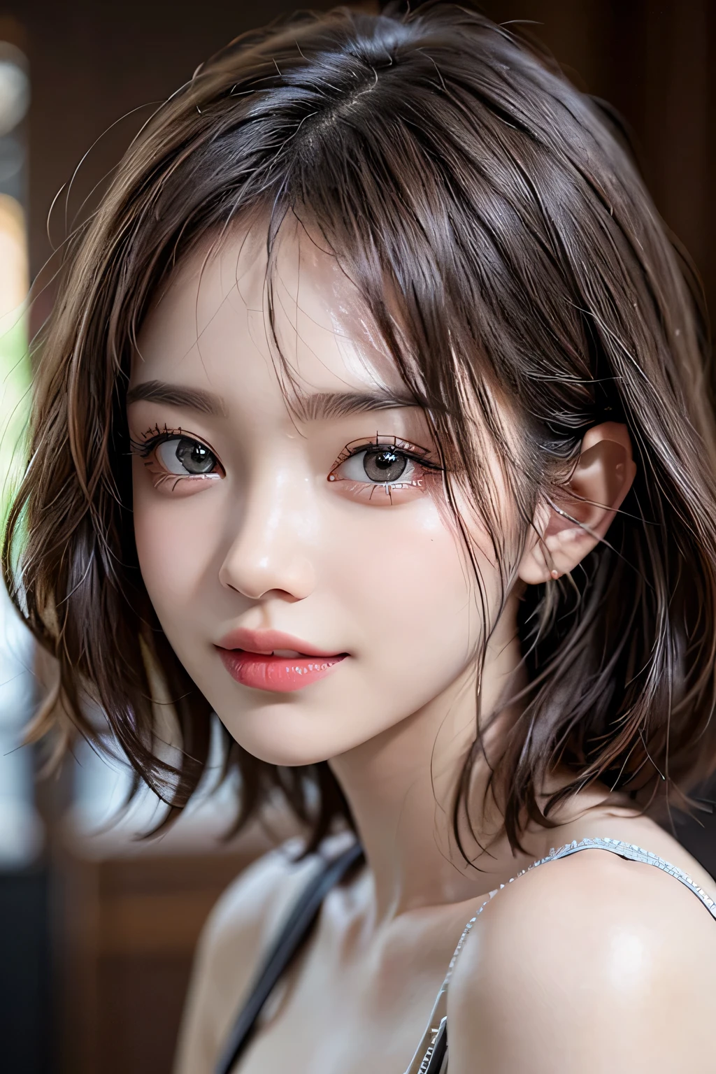 (8k, RAW Photos, highest quality, masterpiece, Realistic, Realistic), (1 female), (Ultimate beauty), Highly detailed face, (Perfect Teeth), Beautiful Eyes, double eyelid, eyelash, smile, Lip details, (Neat brunette bob), The light shines on your face, Big Breasts, ((Colorful mini dresses)), (front view), (background: none),  Background blur