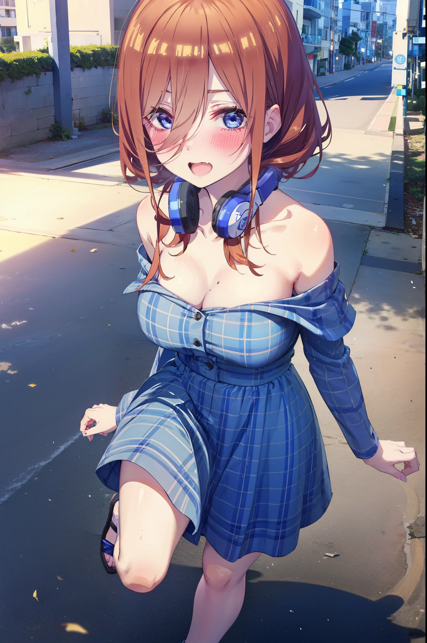 Mikunakano, Miku Nakano, Long Hair, bangs, blue eyes, Brown Hair, shirt, Hair between the eyes, Headphones around the neck,happy smile, smile, Open your mouth,Off-the-shoulder blue dress,Bare shoulders,bare clavicle,Bare neck,Bare arms,Blue long skirt,Cute heeled sandals,Real Summer,Daytime,sunny,My hair is blowing in the wind,whole bodyがイラストに入るように,Looking down from above,
break outdoors, city,海岸通り
break looking at viewer, whole body,
break (masterpiece:1.2), highest quality, High resolution, unity 8k wallpaper, (shape:0.8), (Beautiful details:1.6), Highly detailed face, Perfect lighting, Highly detailed CG, (Perfect hands, Perfect Anatomy),