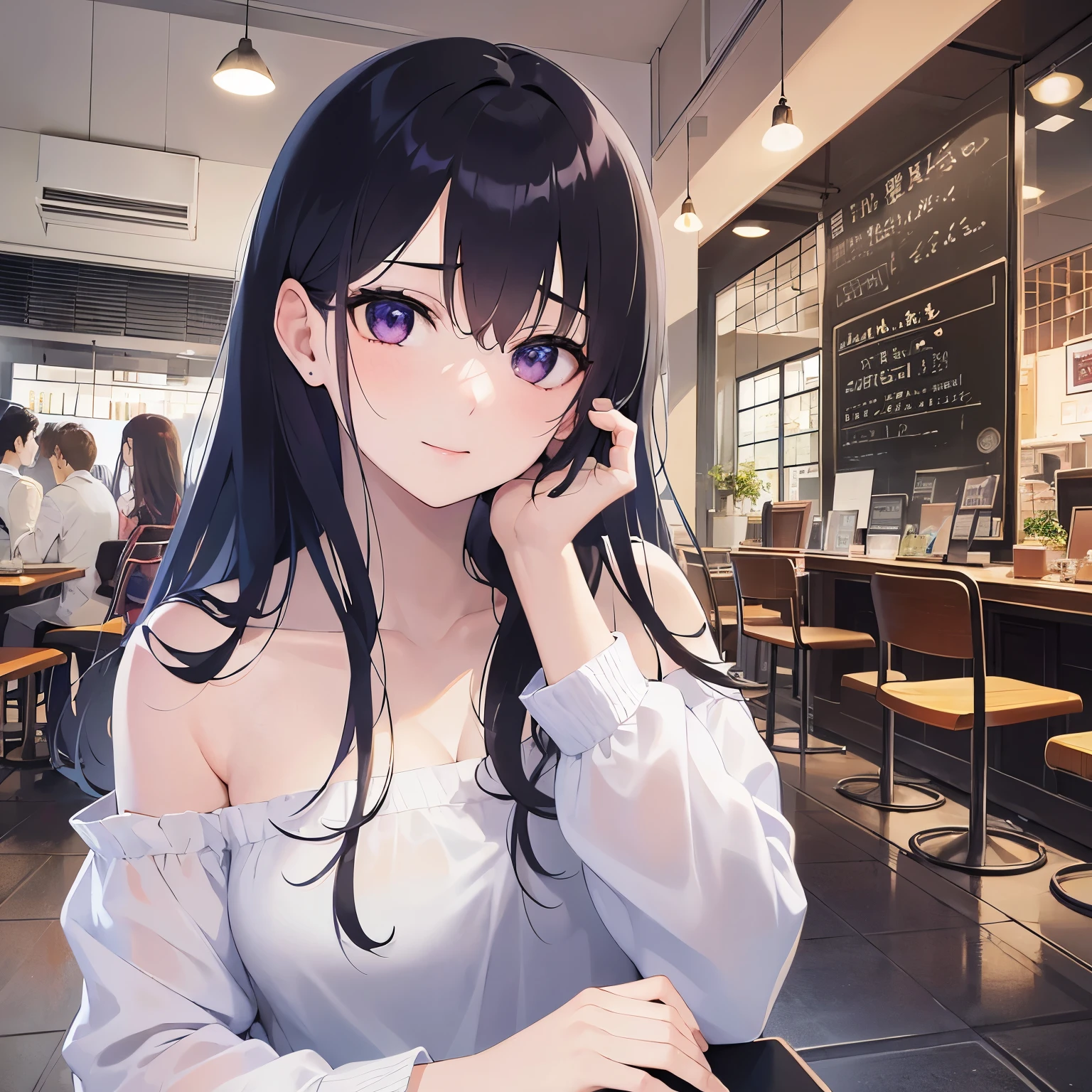 looking up, Placing hand on face, Biologically correct five fingers、upper body, Realistic, real person, (pale skin: 1.2), (RAW photo:1.5), photorealistic, shiny skin, shiny hair、(A 25-year-old woman with straight hair and bangs) and (medium hair) and (black hair) and (purple eyes), White off-shoulder blouse, (embarrassed:1.2), Bad mood, smile, The background is the interior of a cafe、alone、Are standing