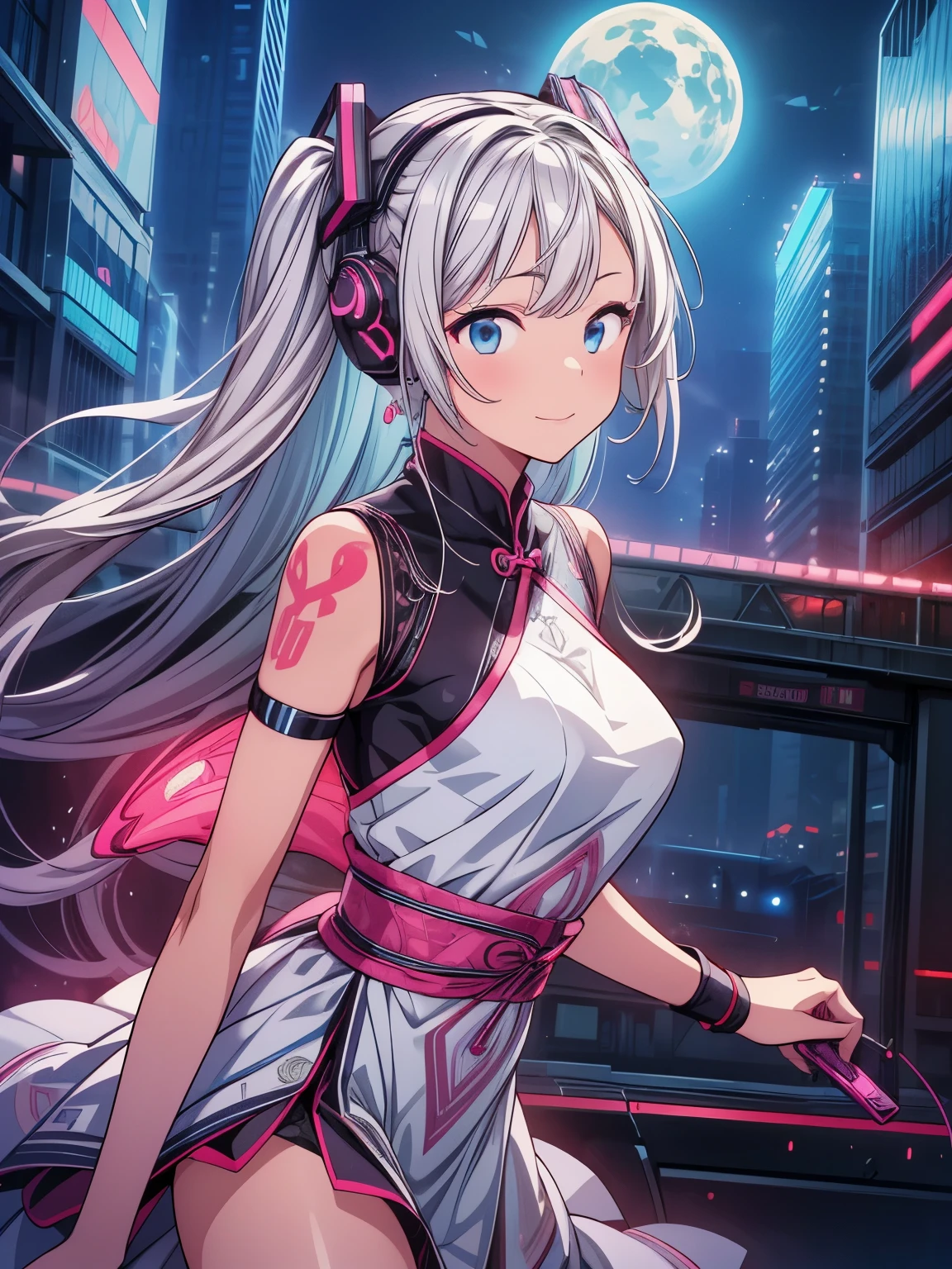 (masterpiece、最high quality、最high quality、Official Art、Beautiful and beautiful:1.2)、(One girl:1.3)Hatsune Miku、Twin tails,Big Breasts,1 girl, Chinese_Clothes, liquid silver and pink, Cyberhunter, China dress, cyber punk city, Dynamic pose, Glowing headphones, Glowing Hair Accessories, Long Hair, Glowing Earrings, Glowing necklace, cyber punk, High-tech city, full of mechanical and Futuristic elements, Futuristic, technology, Glowing neon, pink, pink light, Transparent tulle, transparent streamers, laser, Digital background city sky, Big Moon, With vehicle, 最high quality, masterpiece, 8k, Character edge light, Ultra high definition, high quality, The most beautiful woman in the world, smile, The face is facing forward、Symmetrical, earrings, Beautiful pupil light effect, Visual data, Silvery white hair, Hair is not messy, Long Hair over the waist, Luminous electronic clock, Deep Eyes, Happy, English Graffiti