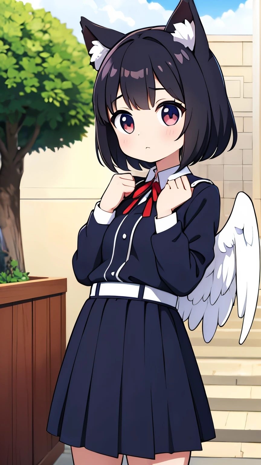 The art style is「anime」, Girl in uniform、skirt、Dog Ears、Angel's wing、Holding a baseball bat、short hair、Light blue hair、smile、Open your mouth wide、dash、Run、punch、Thrust your fist forward、Thrust out your clasped hands in front of you、Pastel Background、Heart Background、Star background、Drawn in chibi style。SD Character。(((highest quality、4k、8k、High Resolution、masterpiece:1.2))), (Super detailed), (Real), (Photorealistic), (Photorealistic:1.37), (HDR, UHD), (Studio Lighting), ultra-fine drawing, Sharp focus, Physically Based Rendering, Extremely detailed depiction, professional, Bright colors,