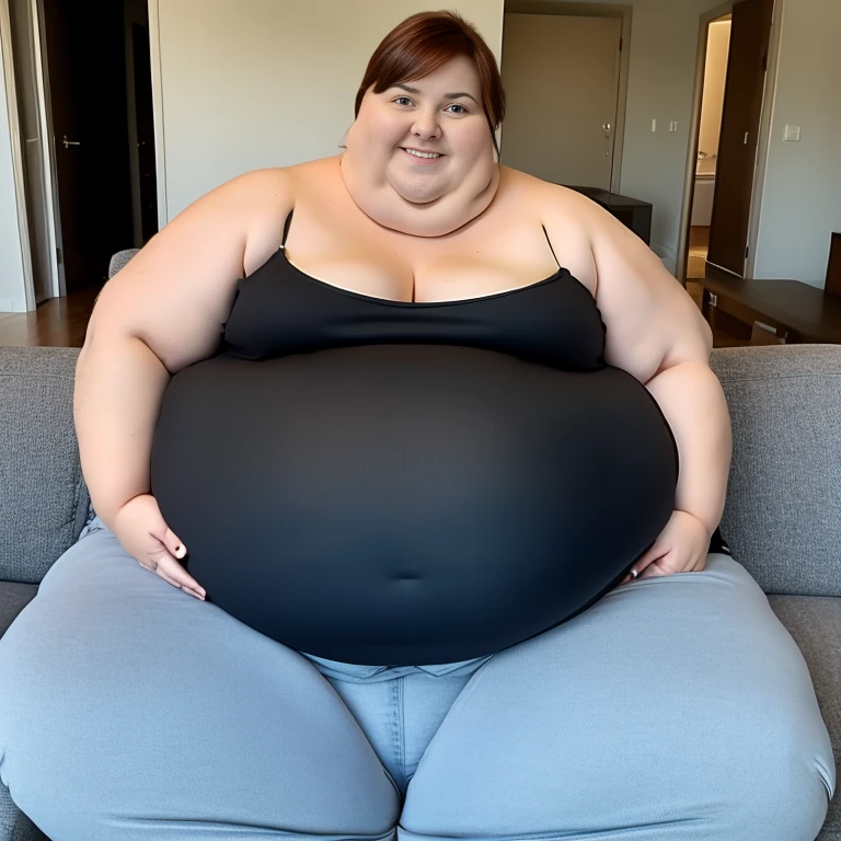 Photo of lady with big fat belly showing it off