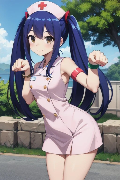 masterpiece, highest quality, High resolution, Arwendy, Long Hair, Twin tails, hair ornaments, Exposing shoulders, 
nurse cosplay,Bracelet, bracelet, Outdoor, paw pose, Cowboy Shot, smile,
