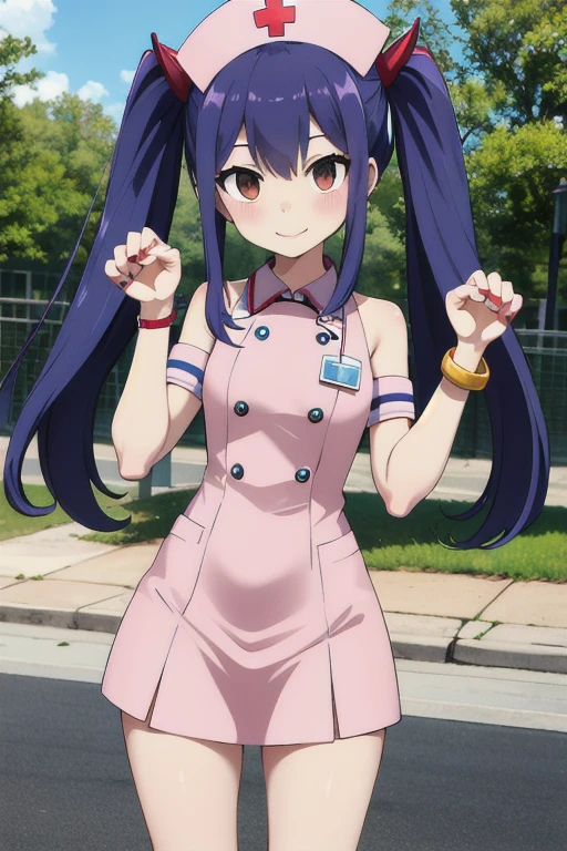 masterpiece, highest quality, High resolution, Arwendy, Long Hair, Twin tails, hair ornaments, Exposing shoulders, 
nurse cosplay,Bracelet, bracelet, Outdoor, paw pose, Cowboy Shot, smile,
