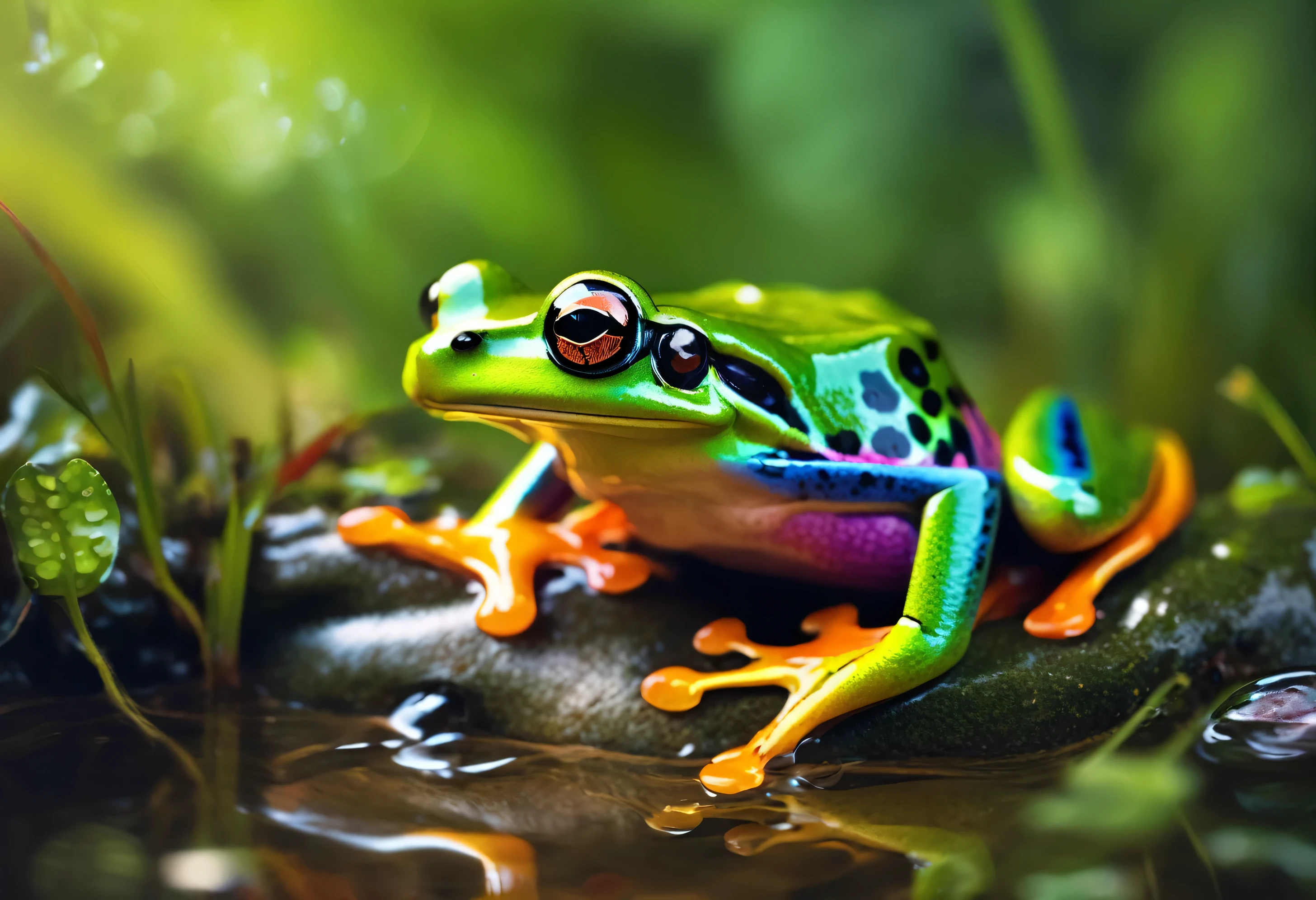 One beautiful frog, high resolution, high quality, master piece, cute photo, 8K, rainbow color, in the forest, realistic photos,