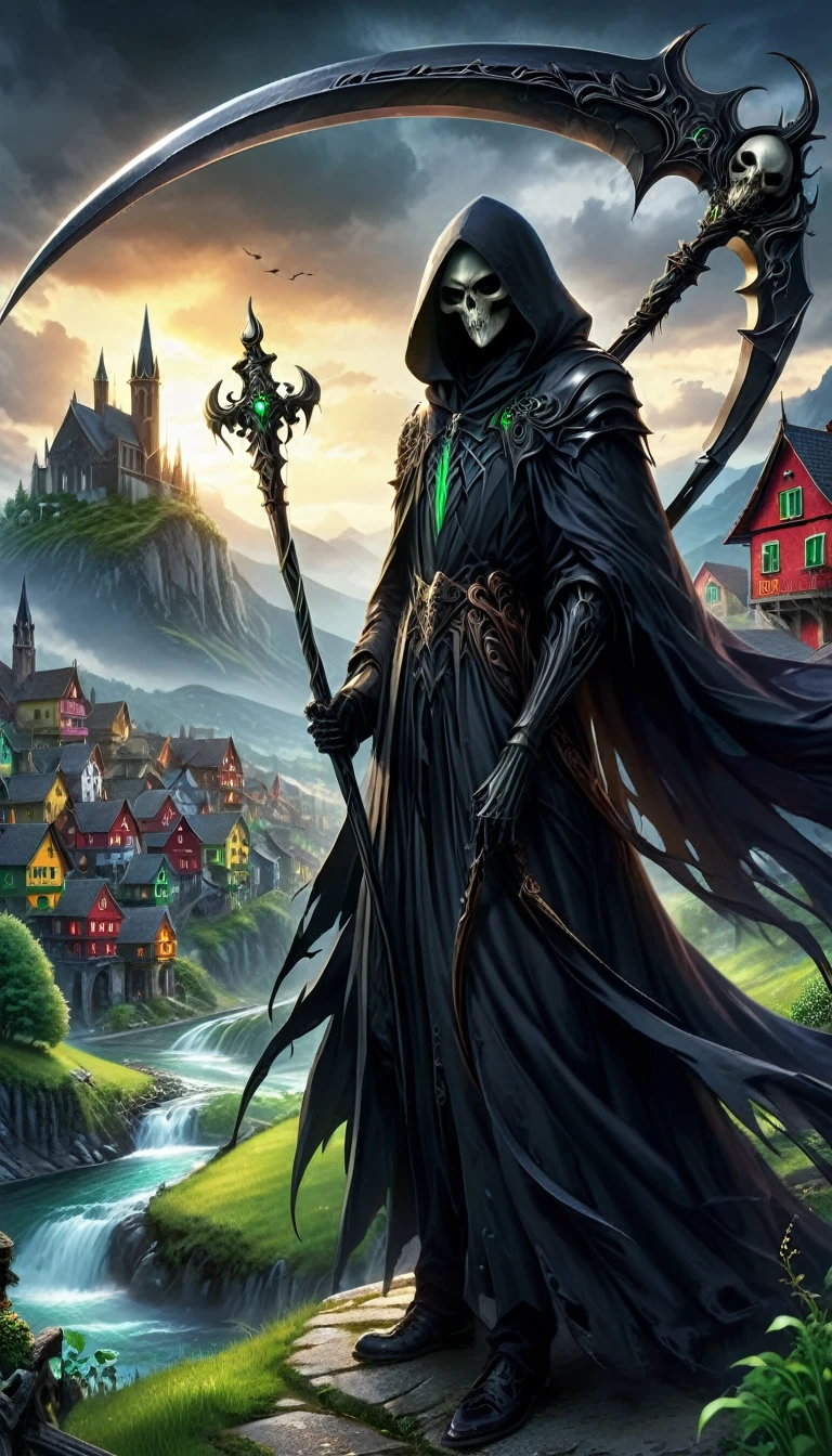 highres,ultra-detailed,realistic,landscape,small city in mountain valley,colorful houses,serene river,green trees,twisting roads,peaceful atmosphere,beautiful sunset,black grim reaper standing tall,(great death scythe:1.2) in hand,ominous presence,billowing black cloak,striking contrast,dark clouds looming above,dramatic lighting,city's inhabitants unaware,contrast between life and death.