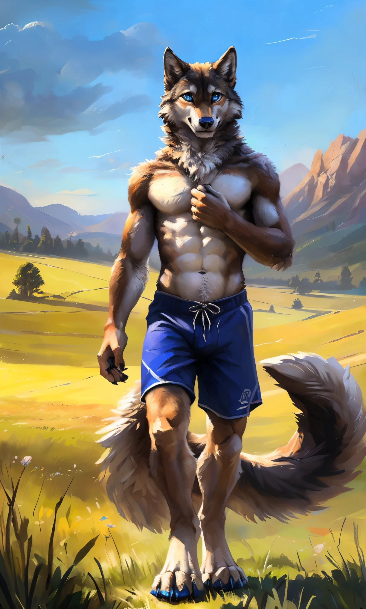 ((Solo)), male people, anthro wolf, (Multi-colored fur, White-brown:1.3,White tail pointed), (Height 2.1m,Tail length 1.2m), ((Wolf face, Big eyes, White eyelids, Blue pupil, Slim:1.2) (Tough, Calm expression:1.2)), Abs, Slim, pinging)), (Correct anatomy), (Work shorts:1.1), The upper body naked, (detailed outfits),A long big tail,Feet,(Realistic fur, Detailed fur texture, labeled:1.3)), (Natural lighting), Photorealistic, Hyperrealistic, ultradetailed, by Kenket,Field,erect through,Running on