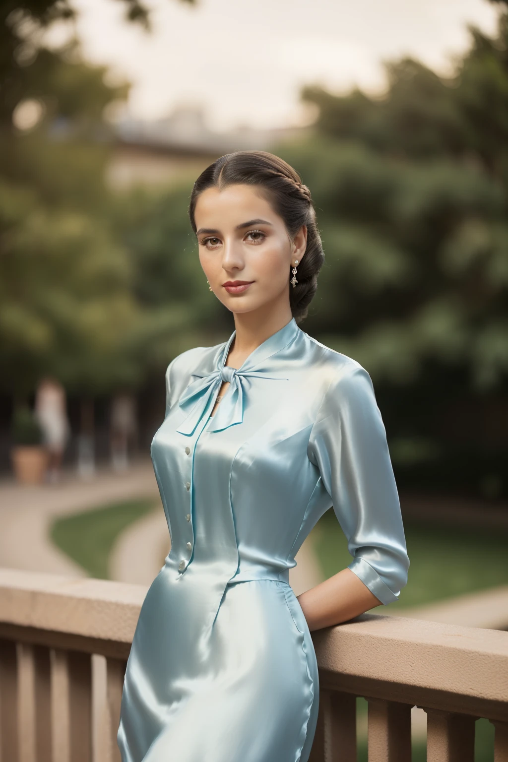 Madrid, 1940. portrait of A young ((((29-year-old)) Sira Quiroga)), beautiful, skinny, in an outdoors terrace party, looking away, ((((elegant silk clothings from the 1940s)))), ((hairstyle of the 1940s)), ((colorful))