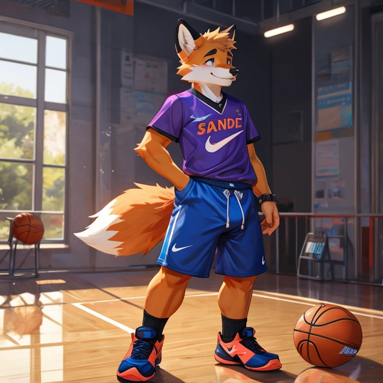 Furry fox, Nike, shiny satin basketball shorts, erection under clothing, shy, precum leaking through shorts, akward smile, basketball jersey Nike, huge bulge