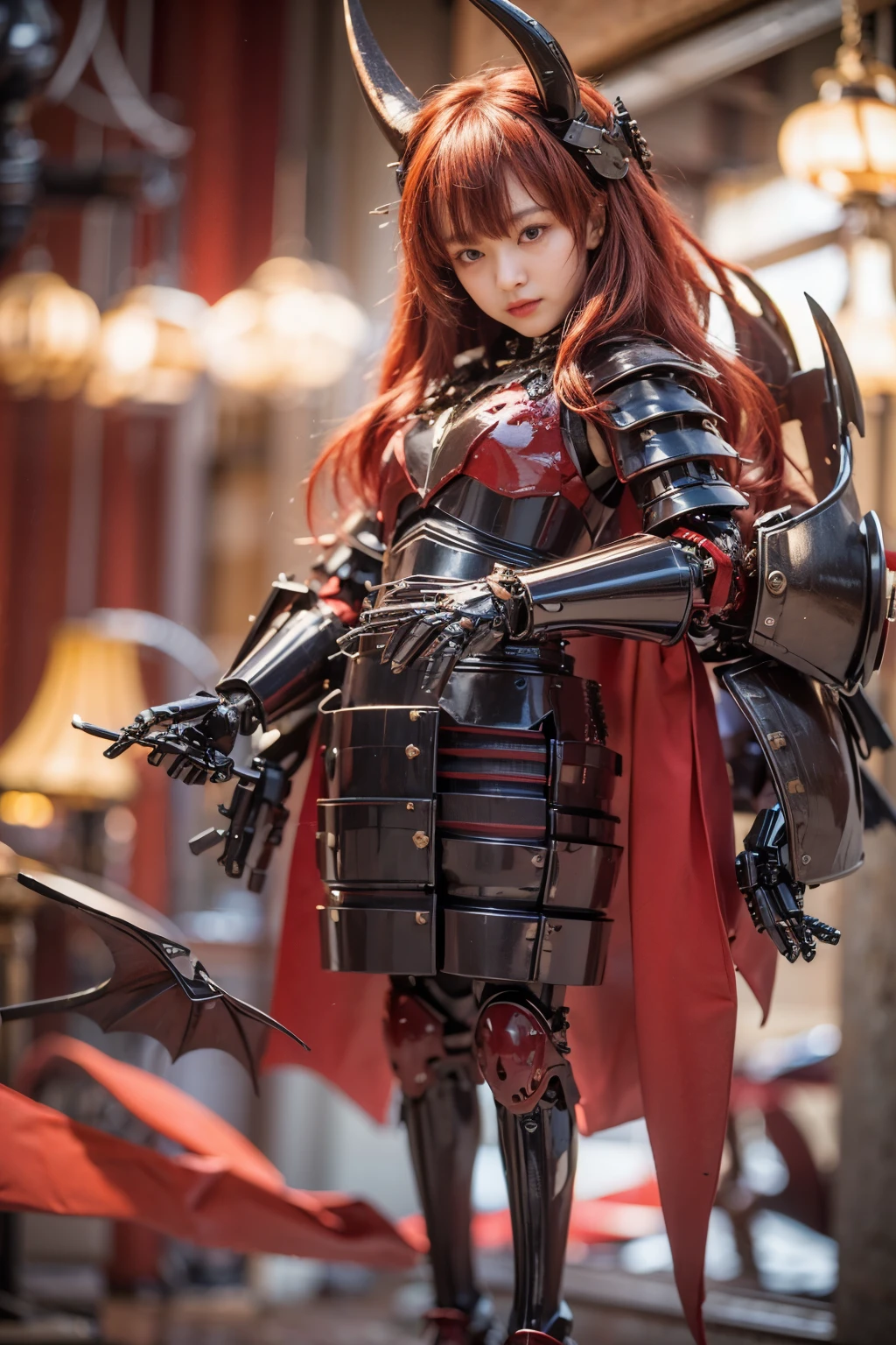 blindbox, (masterpiece, best quality:1.2), (8k uhd, 16k, 32k, ultra high res), (photorealistic:1.37), (RAW photo), ultimate-realistic, ultimate-realistic details, ultimate-realistic texture, ultimate-intricate details, ultimate-realistic lighting, ultimate-realistic shadow, japanese girl, ultimately cute face, ultimate-RAW skin, ultimate-realistic eyes, (mechanical armor:1.4), (full body), wide shot, Evil organization, demons, horns, bat wings, red hair, bob cut, mechanical armor, reddish-black skin, red eyes, flying with Satanic castle in background