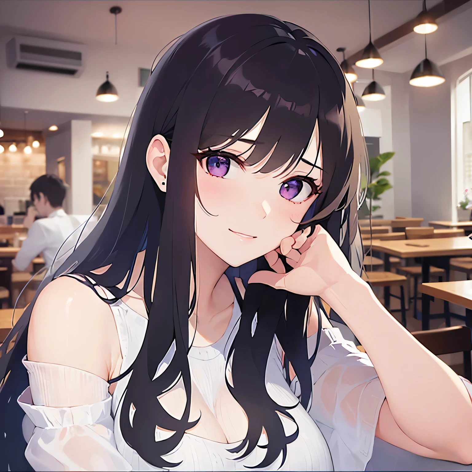 looking up, Placing hand on face, Biologically correct five fingers、upper body, Realistic, real person, (pale skin: 1.2), (RAW photo:1.5), photorealistic, shiny skin, shiny hair、(A 25-year-old woman with straight hair and bangs) and (medium hair) and (black hair) and (purple eyes), White off-shoulder blouse, (embarrassed:1.2), (sad smile:1.3), The background is the interior of a cafe、alone、Are standing