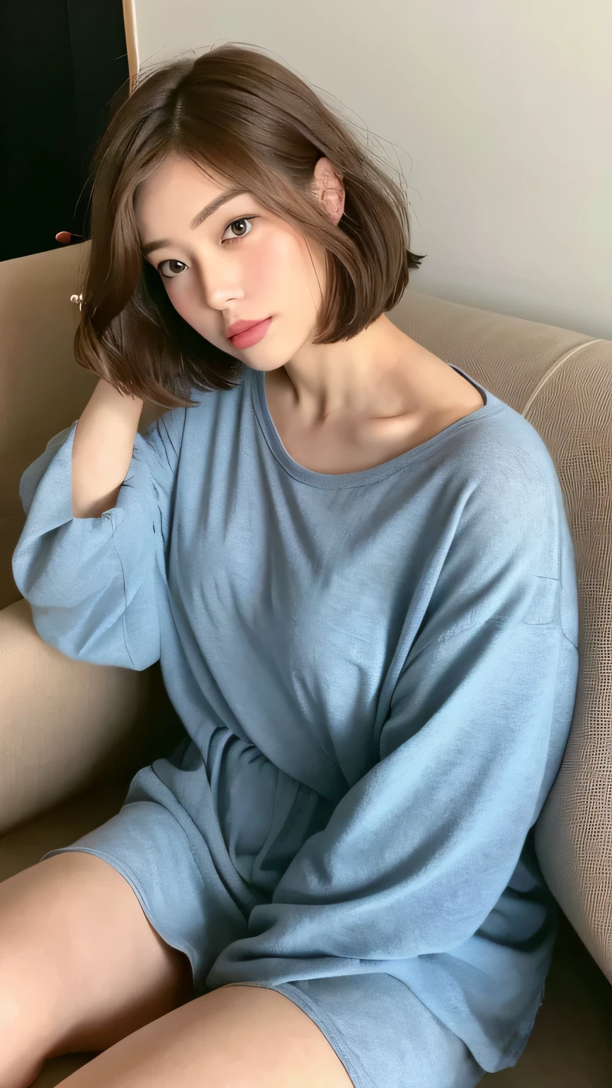 , Japanese, Capture the light, upper_body, Grey sweater,short hair, ,Earrings, RAW Photos, highest quality, (Photorealistic), Suggestive,(smile:0.7)