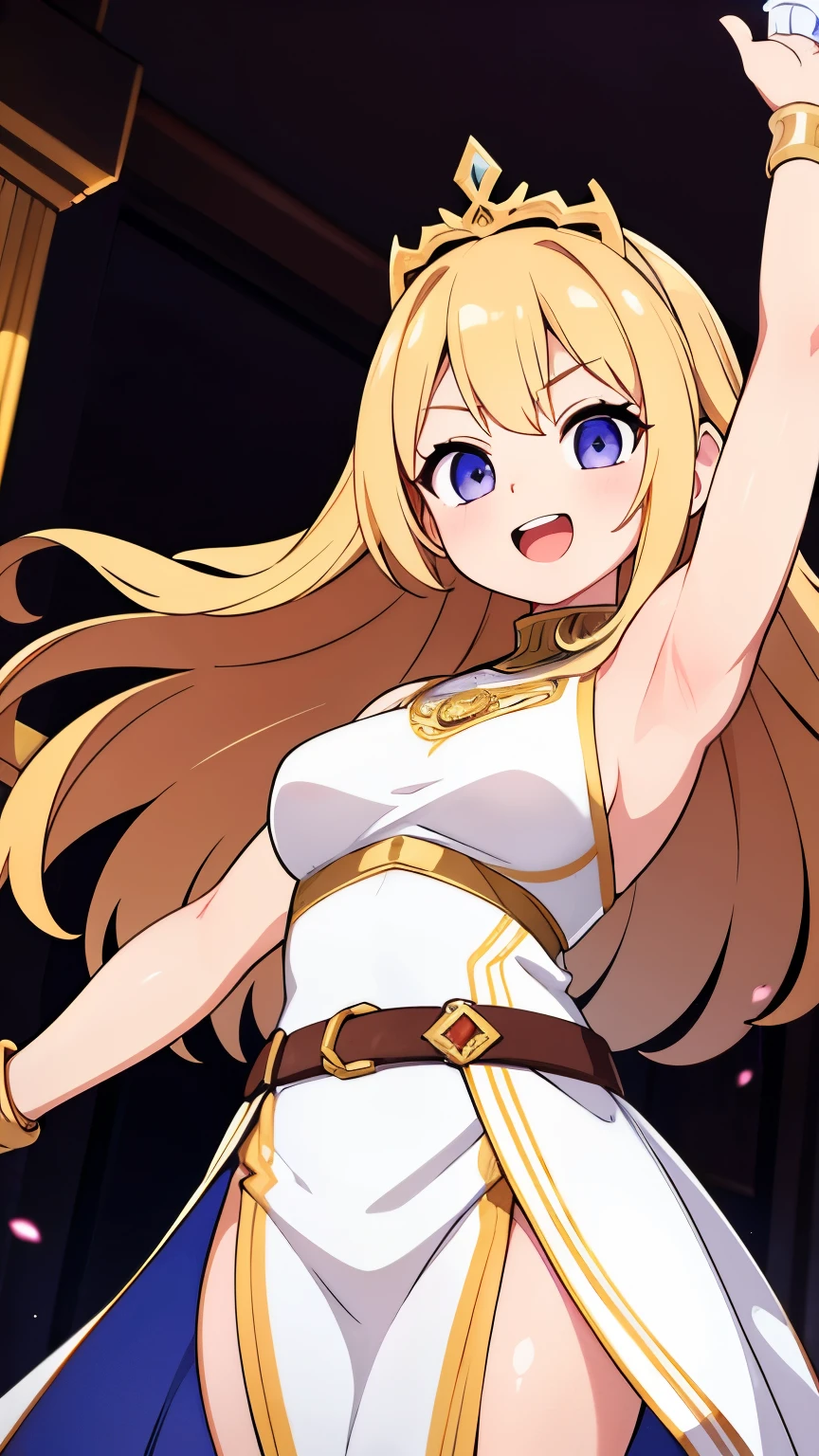 masterpiece, highest quality,High resolution,High-quality images,Detailed eye depiction,Skin luster,Shiny Hair,fine grain,Adult female,Very detailed,Also々Nice face,Laughing with your mouth open,White and gold adventurer uniform,Medieval European World,Show me your armpits,Iris,Hero's dignity,,Small hair ornament,tattoo,Cape,Legs seen through the skirt,Natural Beauty,Investigating the ruins,The existence of megalithic civilizations,Legendary ancient city,huge stone arch,Stone stairs leading to the interior,Cinematic,Big Breasts,Cleavage,Equipped with a sword,