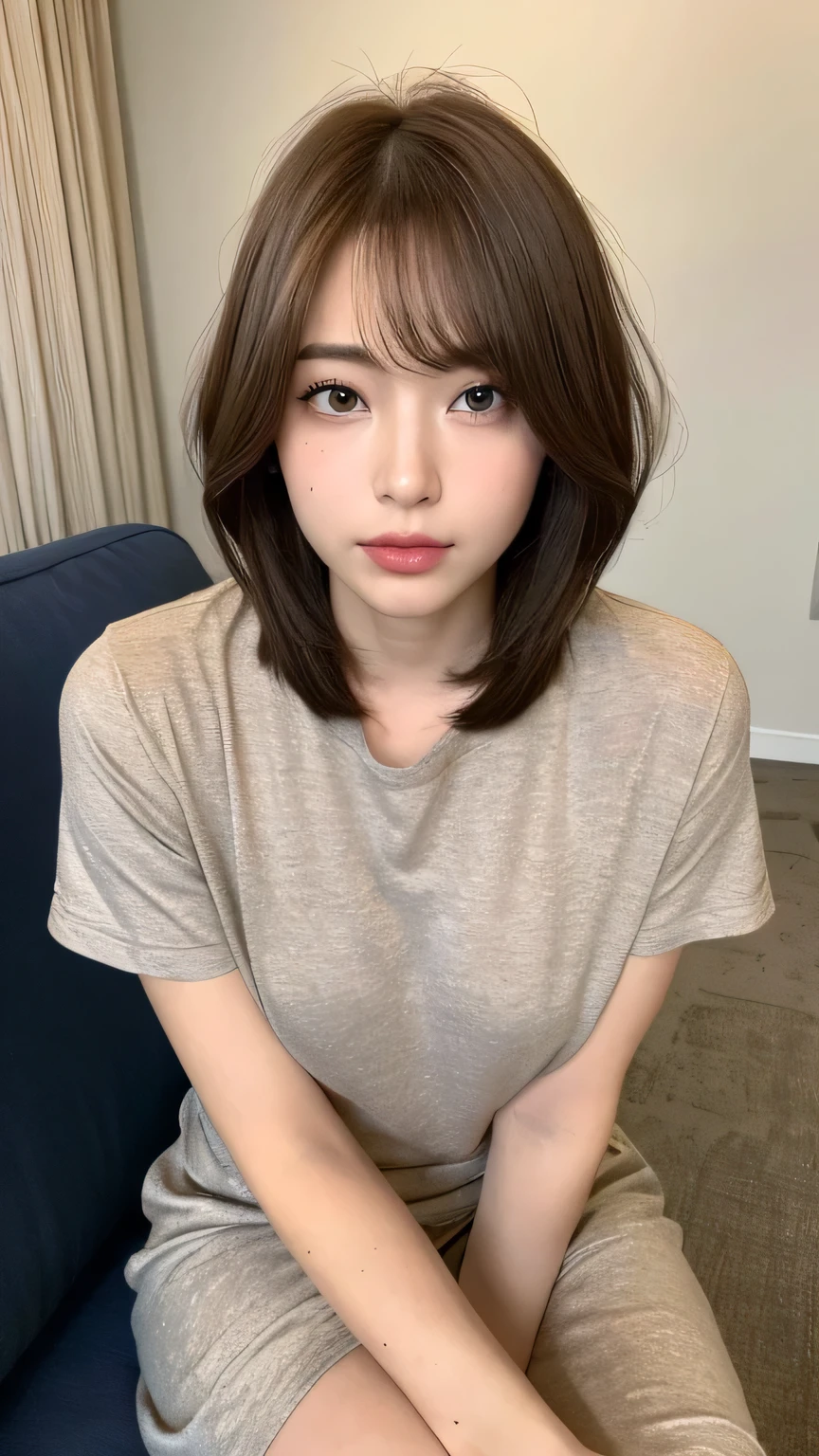 ((highest quality, 8k, masterpiece: 1.3)), 1 female, Japanese Idols,Sensual beauty: 1.3, (Hairstyle Brown Hair Short Bob, big: 1.2), Casual nightwear: 1.1, Very friendly face, Delicate eyes, double eyelid,Mole, Thick eyebrows,Sit on the sofa,Plump body,Crossing his fat legs,Luxurious Belly Meat,Cowboy shot from above,