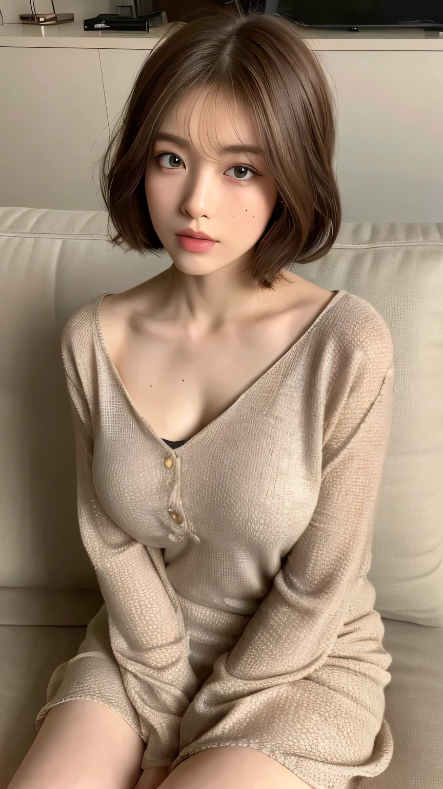 ((highest quality, 8k, masterpiece: 1.3)), 1 female, Japanese Idols,Sensual beauty: 1.3, (Hairstyle Brown Hair Short Bob, big: 1.2), Casual nightwear: 1.1, Very friendly face, Delicate eyes, double eyelid,Mole, Thick eyebrows,Sit on the sofa,Plump body,Crossing his fat legs,Luxurious Belly Meat,Cowboy shot from above,