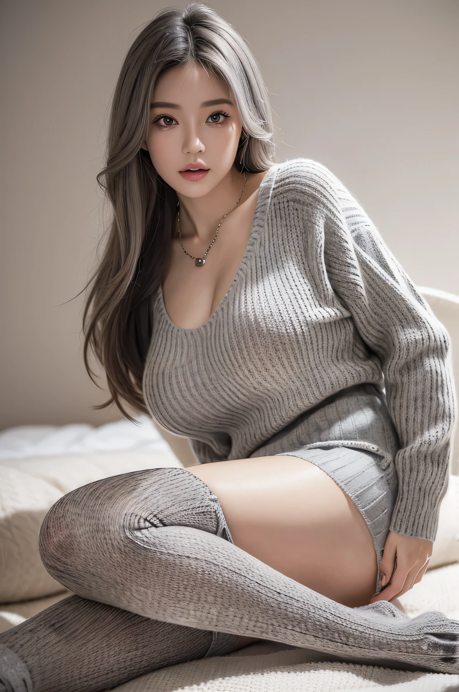 best quality, masterpiece, ultra high res, (photorealistic:1.4), 1girl, wearing sweater and detached long thigh socks, ((sweater and detached long thigh socks)), (faded ash gray hair:1), (huge breasts:1.2), looking at viewer, closeup,long hair, japanese, necklace