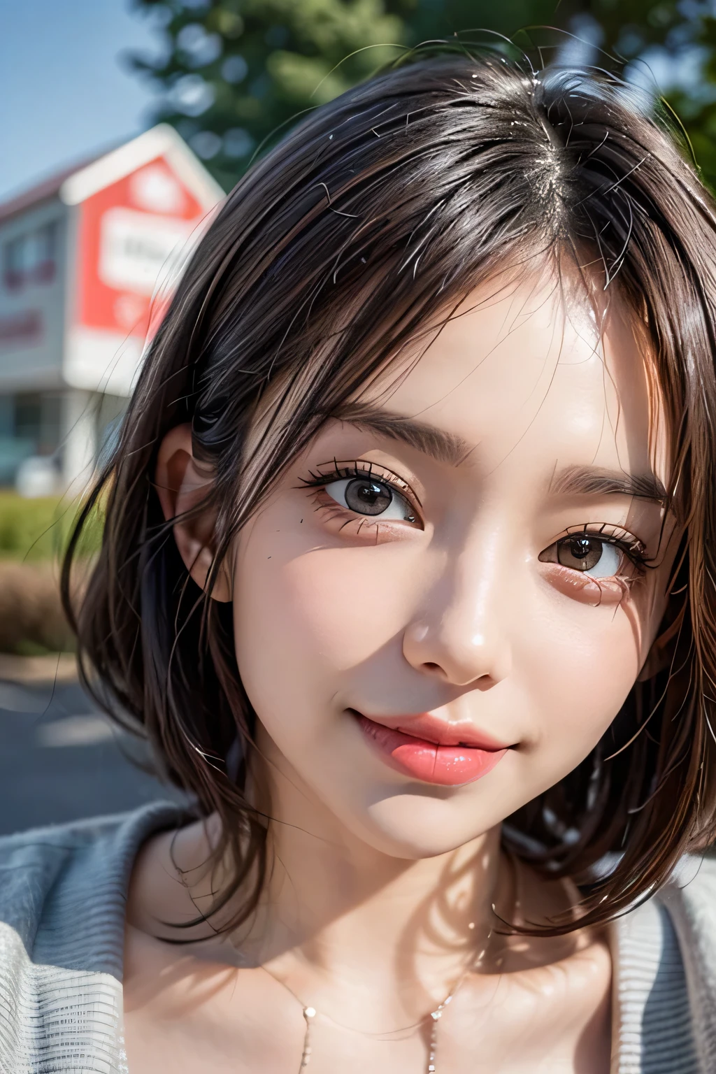 (8k, RAW Photos, highest quality, masterpiece, Realistic, Realistic), (1 female), (The ultimate beautiful middle-aged woman), Highly detailed face, (Perfect Teeth), Beautiful Eyes, double eyelid, eyelash, smile, Lip details, (Neat brunette bob), The light shines on your face, Big Breasts, ((Colorful mini dresses)), (front view), (background: none), Background blur
