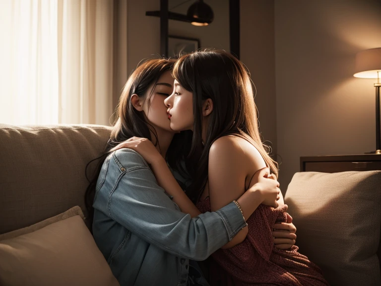 peeking perspective, 2 intimated young ladies, one as 25 years old, another as 32 years old, kissing each other passionated, one above another, cuddling on sofa