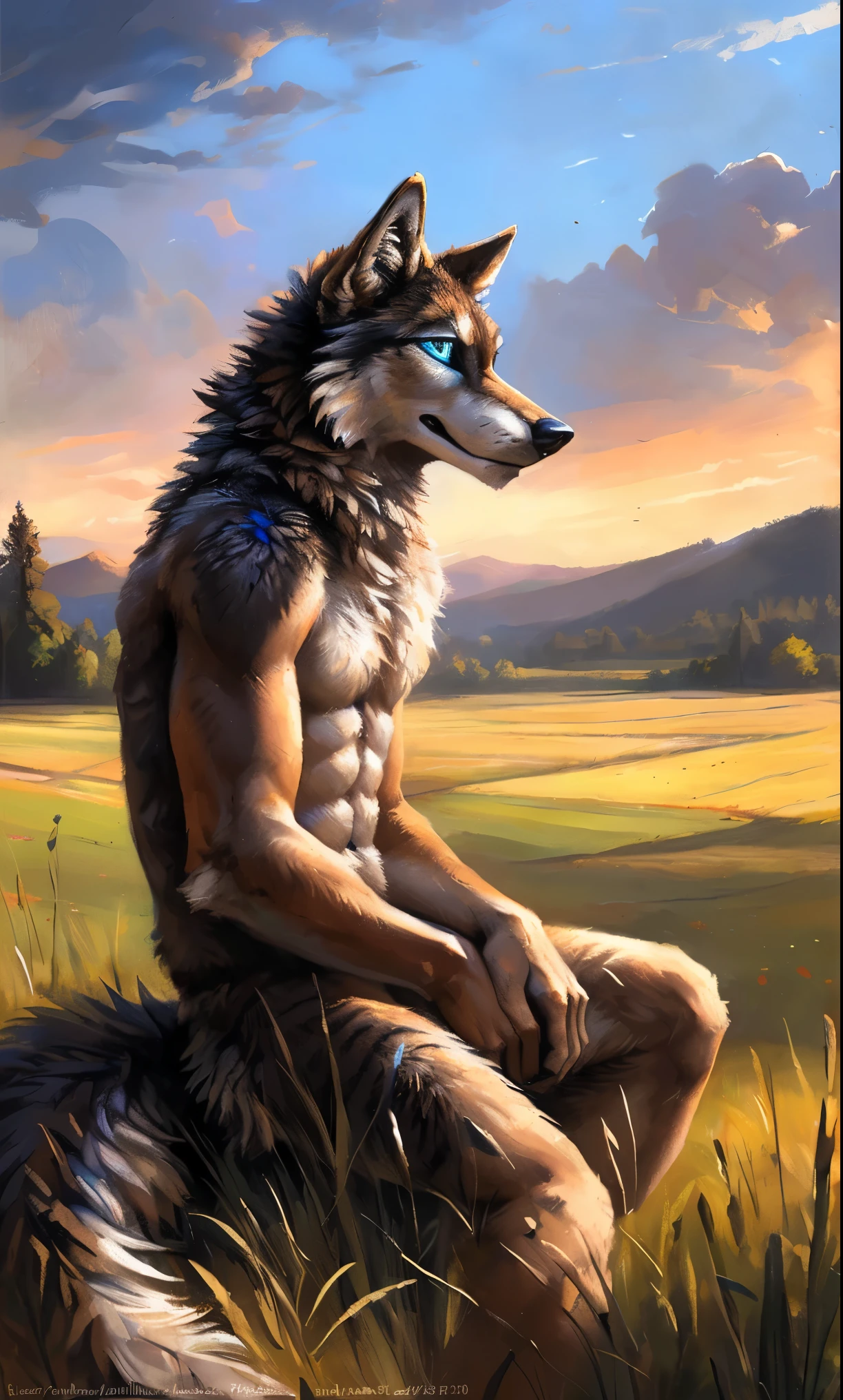 ((Solo)), male people, anthro wolf, (Multi-colored fur, White-brown:1.3，White tail pointed), (Height 2.1m,Tail length 1.5m), ((Wolf face, Big eyes, White eyelids, Blue pupil, Slim:1.2) (Tough, Calm expression:1.2)), Abs, Slim, pinging)), (Correct anatomy), Naked all over the body,A long big tail，Feet，(Realistic fur, Detailed fur texture, labeled:1.3)), (Natural lighting), Photorealistic, Hyperrealistic, ultradetailed, by Kenket，Field，No artifacts