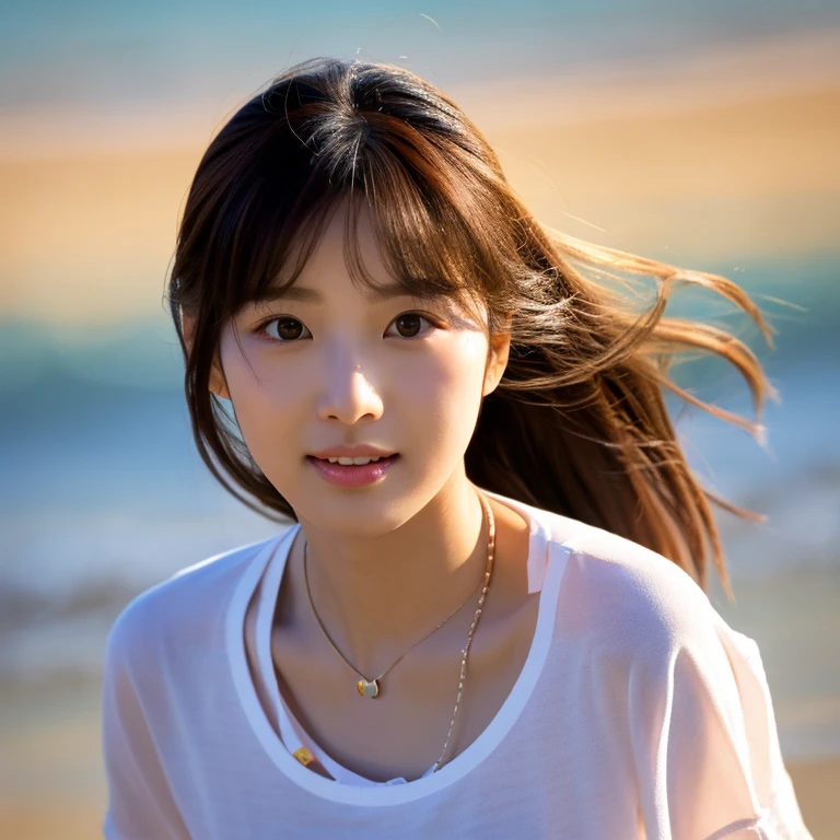 UHD, Close-up photo of a cute Korean woman, Tangjai looked straight at me.,) Chest size 40 inches, ponytail, Wearing a Bang Rong Sai T-shirt,) necklace, Playing in the water on the beach,) 8k Photos, Shot with a high quality Fuji 45 camera.,000,000 pixels warm light,) realistic light colors,)