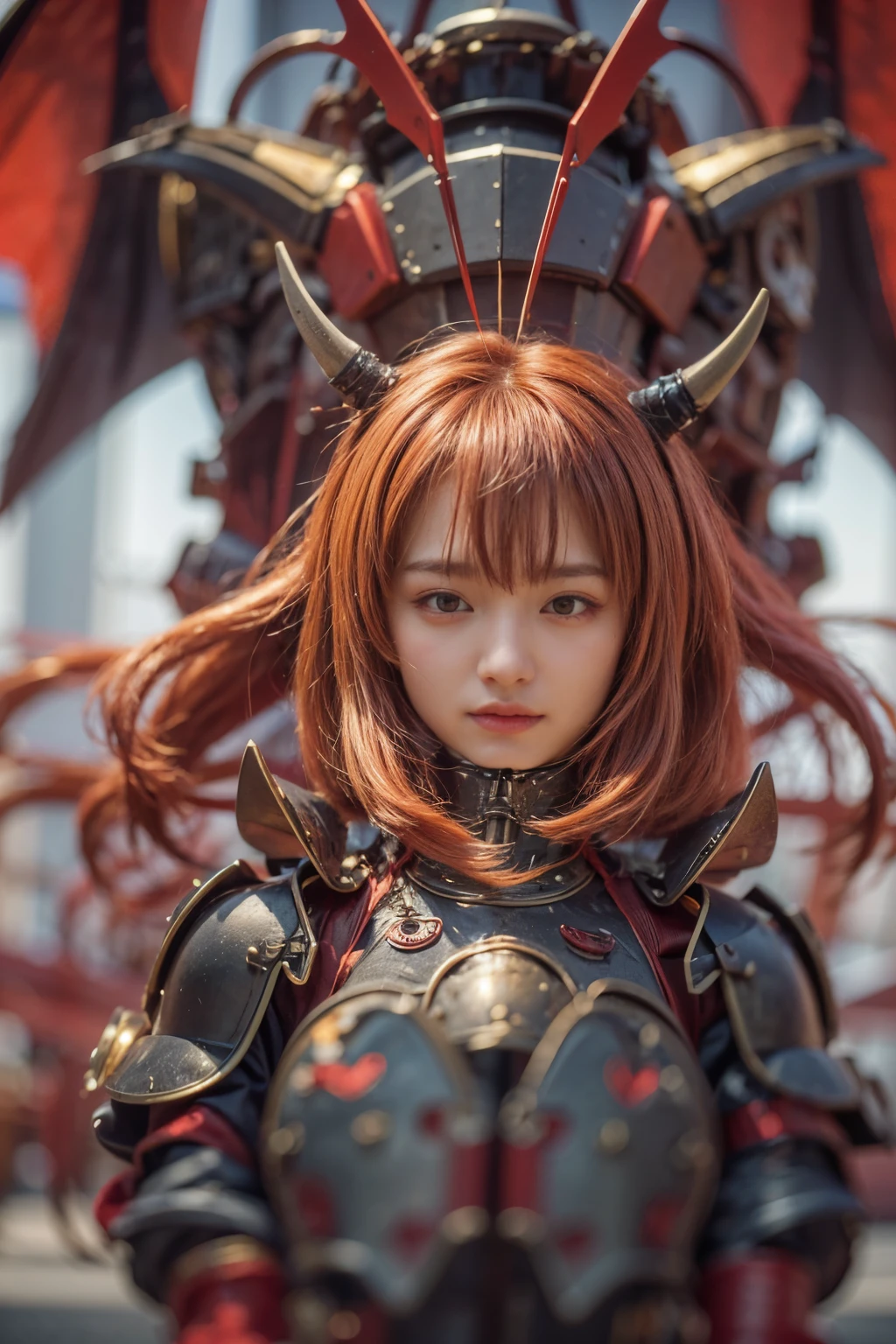 blindbox, (masterpiece, best quality:1.2), (8k uhd, 16k, 32k, ultra high res), (photorealistic:1.37), (RAW photo), ultimate-realistic, ultimate-realistic details, ultimate-realistic texture, ultimate-intricate details, ultimate-realistic lighting, ultimate-realistic shadow, japanese girl, ultimately cute face, ultimate-RAW skin, ultimate-realistic eyes, (mechanical armor:1.4), (full body), wide shot, Evil organization, demons, horns, bat wings, red hair, bob cut, mechanical armor, reddish-black skin, red eyes, flying with Satanic castle in background
