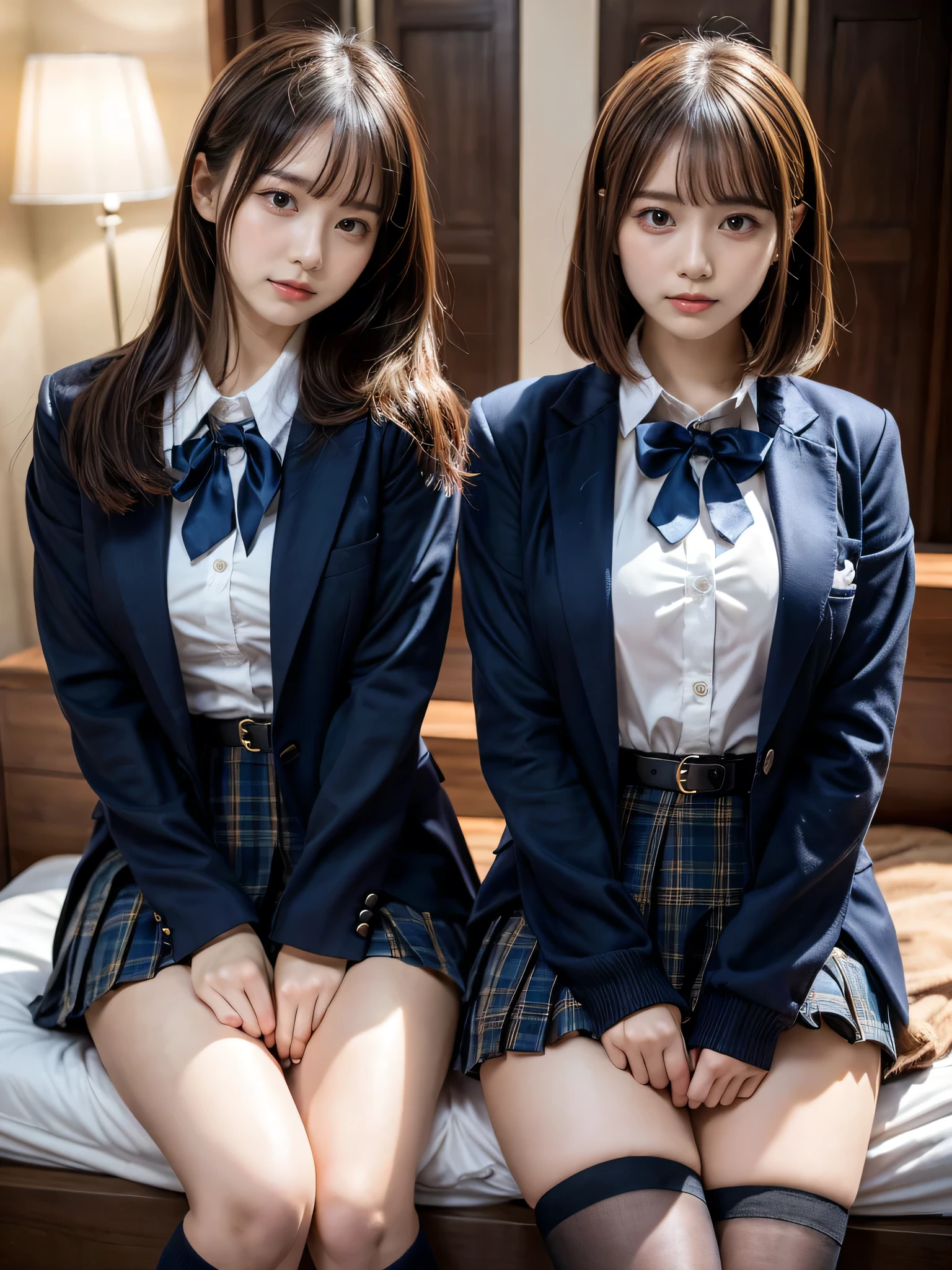 (8K, Raw photography, top-quality, masterpiece:1.2), muster piece, best quality, illustration, Super detailed, fine details, High resolution, 8K,wall paper, perfect dynamic composition,(Details High quality, realistic depiction of eyes:1.3), ((2 girls, 2 schoolgirls)), The background is a luxury hotel room、High school girl uniform、blazer 、Super Short Check Uniform Skirt、Navy blue high socks、garterbelts、Colossal tits、Disturbed uniform, Play with each other,Touching each other's bodies,Touching the body of the girl next door, short bob hair, black hair color, huge breasts, Big Natural Color Lip, bold sexy pose, (perfect body shape), crying a little、cold gaze, Harajuku style、20 year old girl、 beautiful legs, hposing Gravure Idol, Voluptuous thighs