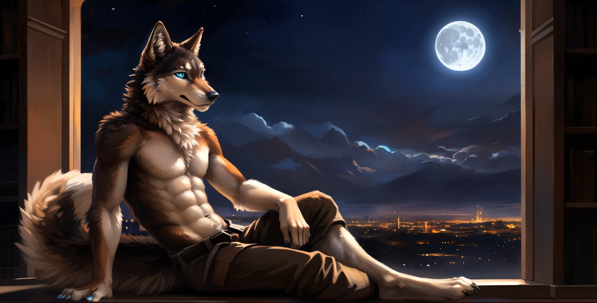 ((Solo)), male people, anthro wolf, (Multi-colored fur, White-brown:1.3), ((Wolf face, Big eyes, White eyelids, Blue pupil, Slim:1.2) (Tough, Calm expression:1.2)), (Height 2.1 meters,Tail length 1.5m), Abs, Slim, pinging, (Correct anatomy), (Contour bone:1.2), The upper body is naked, (detailed outfits), a long large tail,Feet,(Realistic fur, Detailed fur texture, labeled:1.3)), (Natural lighting), Photorealistic, Hyperrealistic, ultradetailed, by Kenket,In the modern city,Roof,the night,Sit alone,Look at the full moon,It was dark,Starry