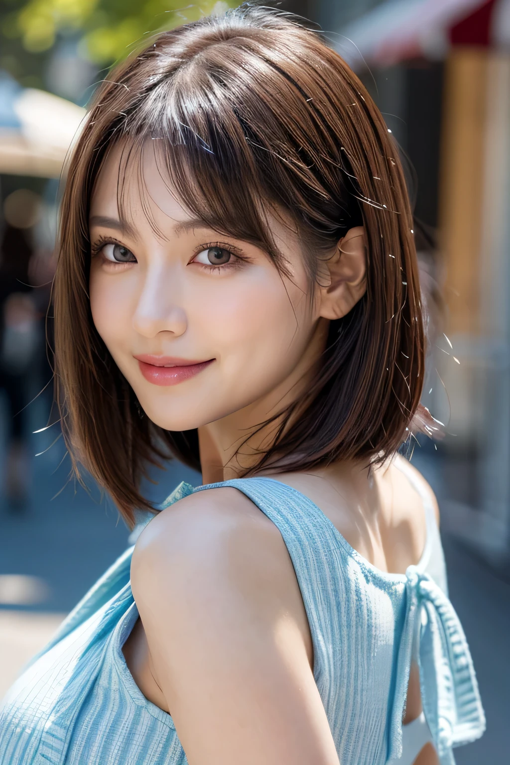 (8k, RAW Photos, highest quality, masterpiece, Realistic, Realistic), (1 female), (The ultimate beautiful middle-aged woman), Highly detailed face, (Perfect Teeth), Beautiful Eyes, double eyelid, eyelash, smile, Lip details, (Neat brunette bob), The light shines on your face, Big Breasts, ((Colorful mini dresses)), (front view), (background: none),  Background blur