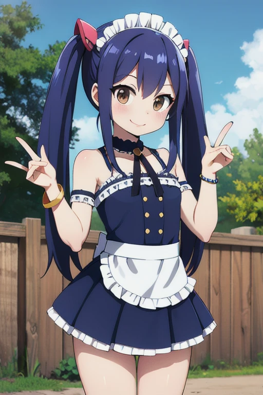 masterpiece, highest quality, High resolution, Arwendy, Long Hair, Twin tails, hair ornaments, Exposing shoulders, 
maid costume,Bracelet, bracelet, Outdoor, piece sign, Cowboy Shot, smile,
