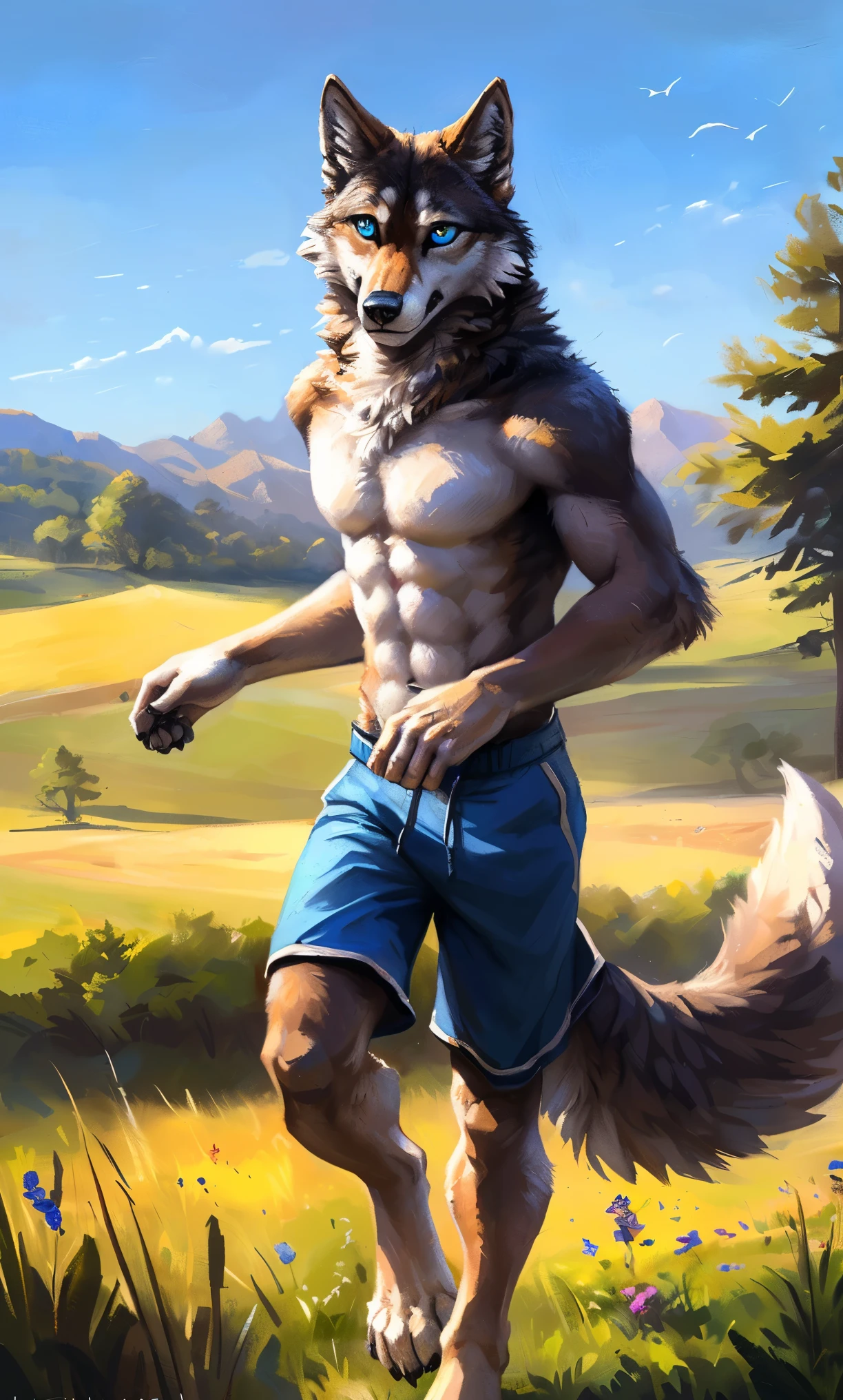((Solo)), male people, anthro wolf, (Multi-colored fur, White-brown:1.3,White tail pointed), (Height 2.1m,Tail length 1.2m), ((Wolf face, Big eyes, White eyelids, Blue pupil, Slim:1.2) (Tough, Calm expression:1.2)), Abs, Slim, pinging)), (Correct anatomy), (Work shorts:1.1), The upper body naked, (detailed outfits),A long big tail,Feet,(Realistic fur, Detailed fur texture, labeled:1.3)), (Natural lighting), Photorealistic, Hyperrealistic, ultradetailed, by Kenket,Field,erect through,Running on