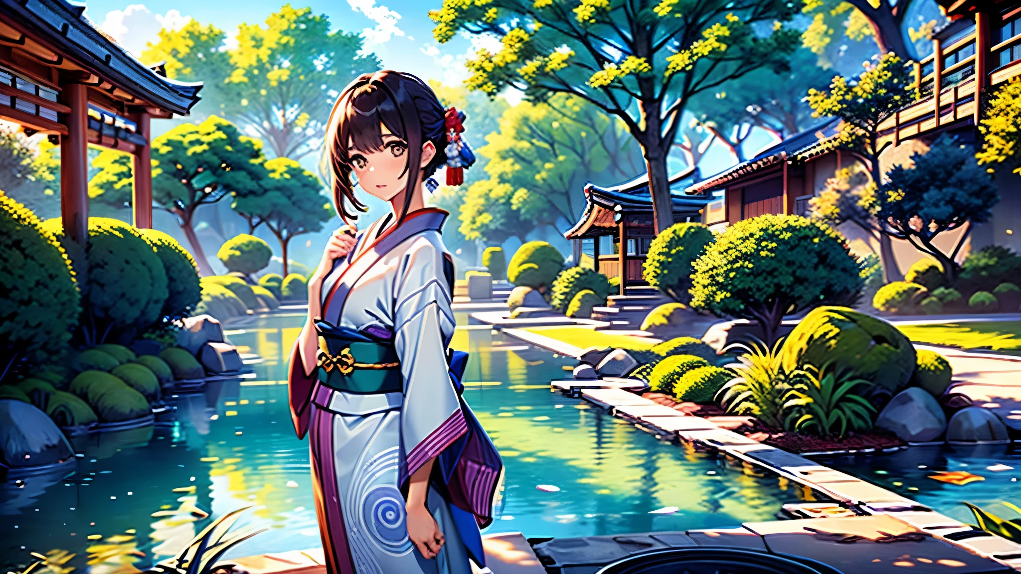 (best quality, 4k, 8k, highres, masterpiece:1.2), ultra-detailed, (realistic, photorealistic, photo-realistic:1.37), cute moments captured, table top, c4d, Octane Render, 3D modeling, black-haired, short hair, straight hair, bright brown eyes, horseshoe-shaped headband, wearing black glasses, junior high school girl, kimono, Japanese textile print.