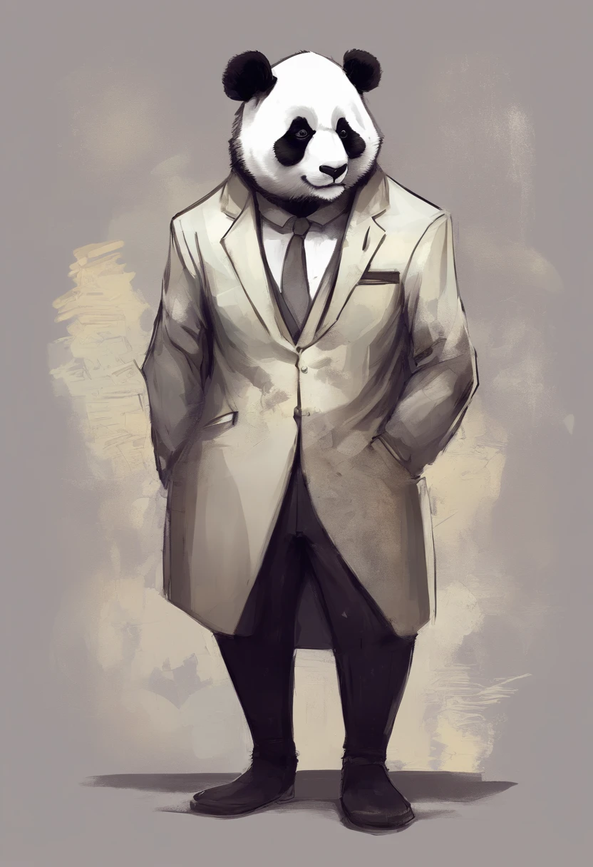 anthropomorphic panda, de cuerpo entero, vestido formalmente con un blazer, sostiene una bandeja, pegatina de panda, sticker de panda.