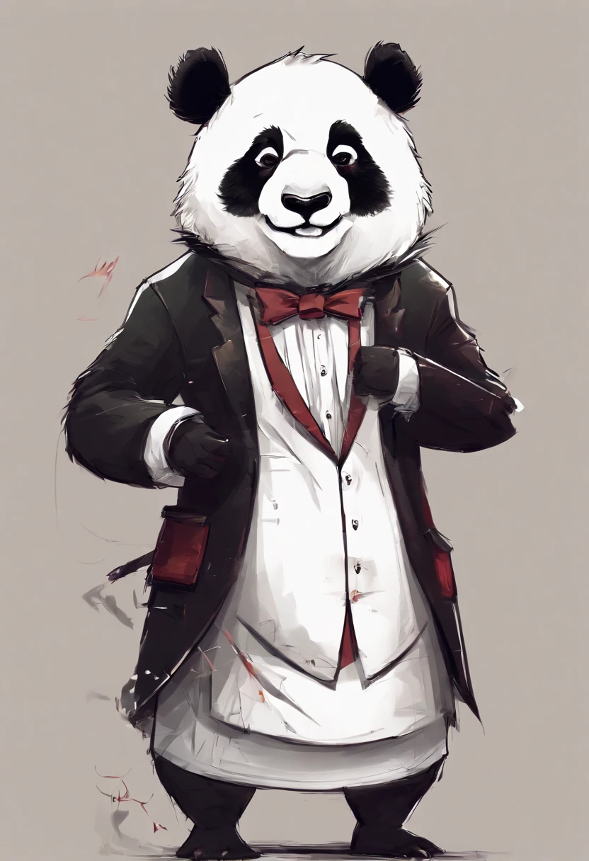 anthropomorphic panda, de cuerpo entero, vestido formalmente con un blazer, sostiene una bandeja, pegatina de panda, sticker de panda.
