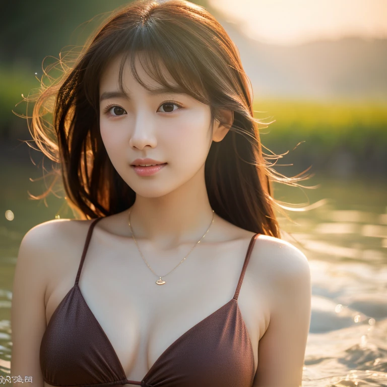 UHD, Close-up photo of a cute Korean woman, Tangjai looked straight at me.,) Chest size 40 inches, ponytail, Wear a beautiful dark colored bikini.,) necklace, Playing in the water on the beach,) 8k Photos, Shot with a high quality Fuji 45 camera.,000,000 pixels warm light,) realistic light colors,)