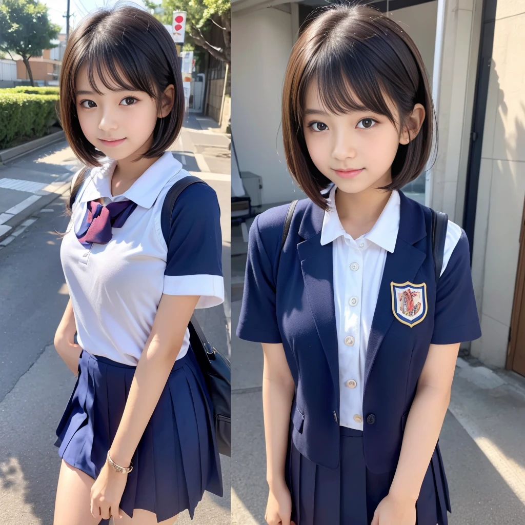 (masterpiece,highest quality,超A high resolution),Japanese women, (((Very beautiful  girl))), pretty girl、View Photographer､Front view, ((Bob Hair)), Super cute face, Glossy lips, Double eyelids on both eyes, Natural Makeup, Long eyelashes, 光沢のある滑らかなライトブラウンのロングBob Hair,, Center image, Perfect limbs, Perfect Anatomy,(((School uniform)))