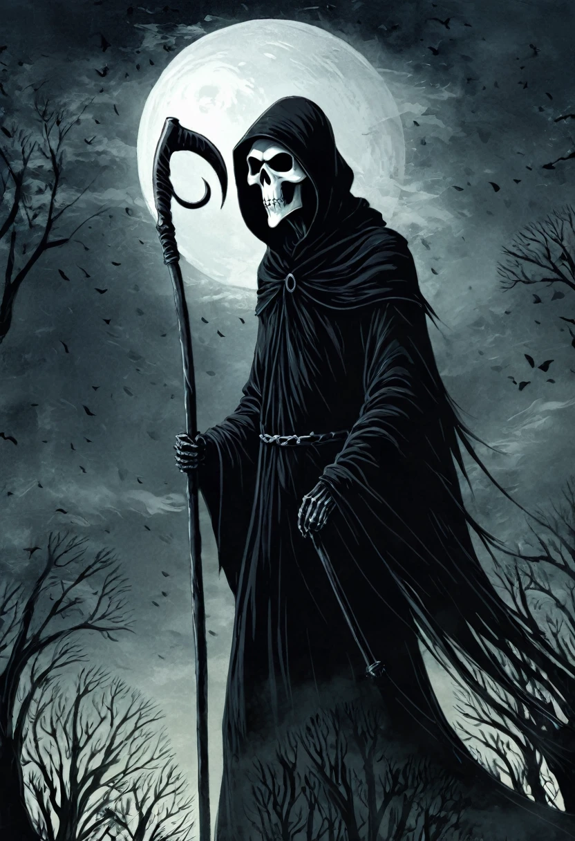 (Black Grim Reaper, delicate texture, sharp contrast, a beautiful artistic illustration)