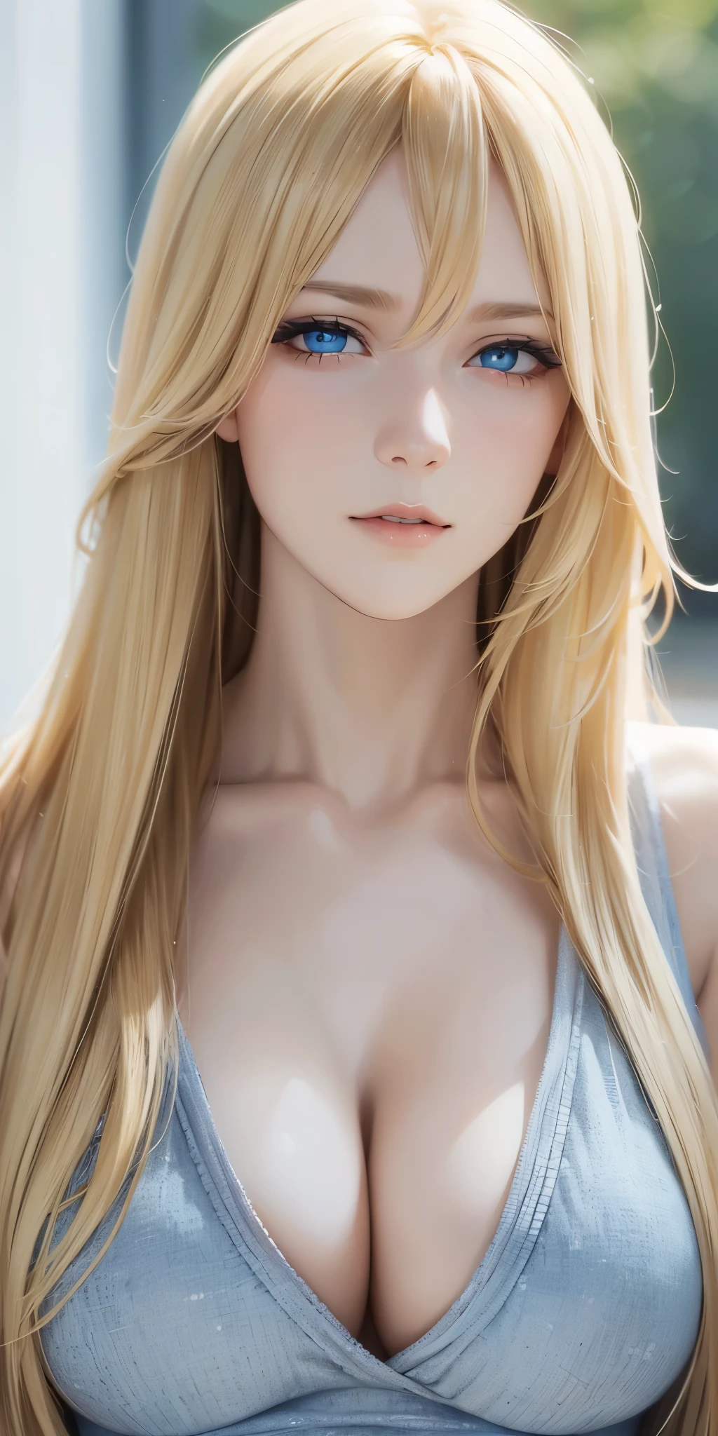 Portrait, Upper body, elegant adult woman, long neck, blonde hair, long hair, bangs, blue eyes, casual clothes, cleavage, 4k resolution, high quality, soft light, looking at viewer
