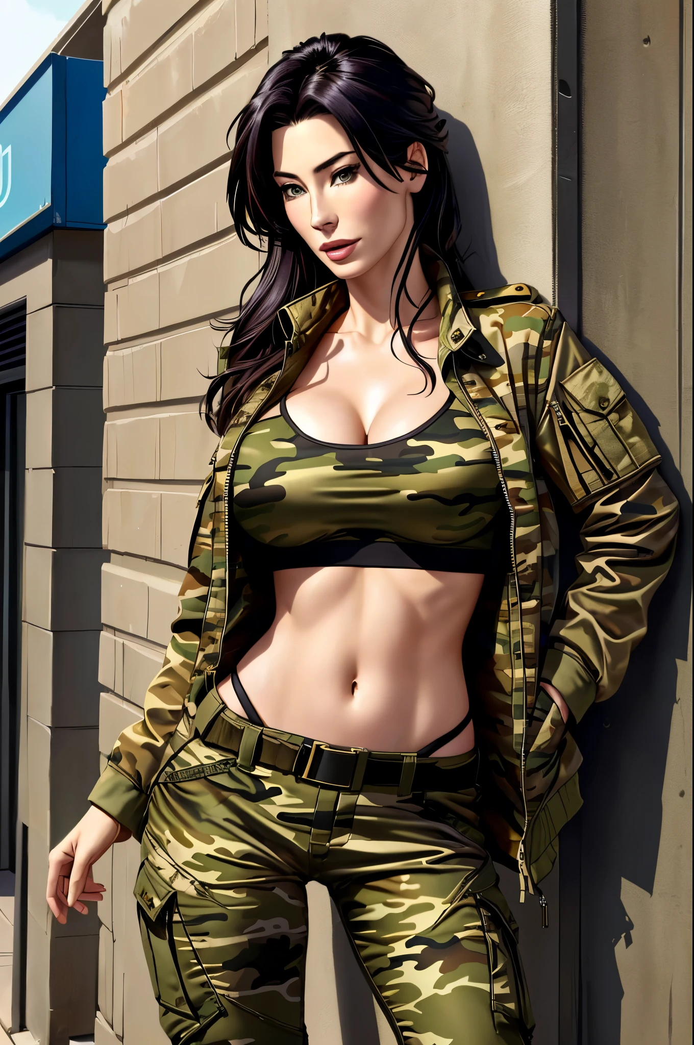 Jaime Murray wearing a jacket, brassiere and camouflage trousers, bare midriff, looking hot, 1girl