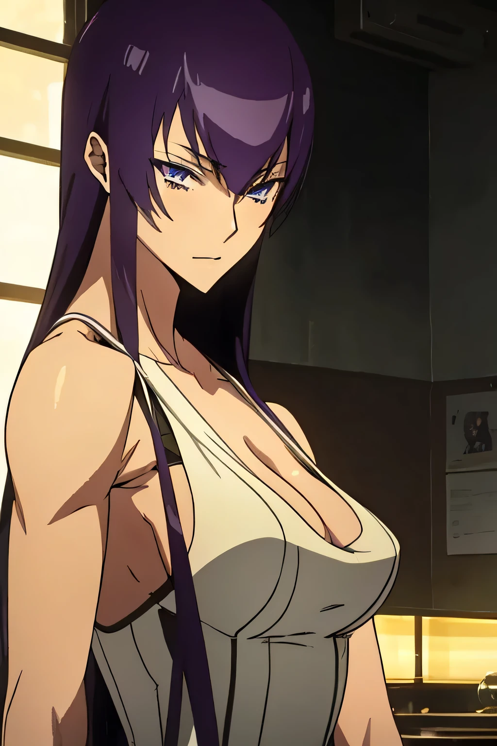 1 woman, saeko busujima, wearing translucent dress, ((detailed eyes:1.2)), sexy, sensual, sleeveless, sideboob, masterpiece, top quality, best quality, official art, beautiful and aesthetic:1.2), extreme detailed, colorful, highest detailed