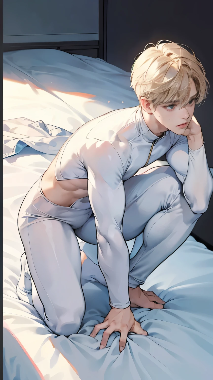 Masterpiece, ((Beautiful One Boy)), ((High resolution)), Depth of the written border, Sweating, Full body white rubber suit, Delicate depiction of hair, (good looking),  There&#39;s no one here, Beautiful Nose, Beautiful short hair, Club private room, (Sitting with legs wide open)