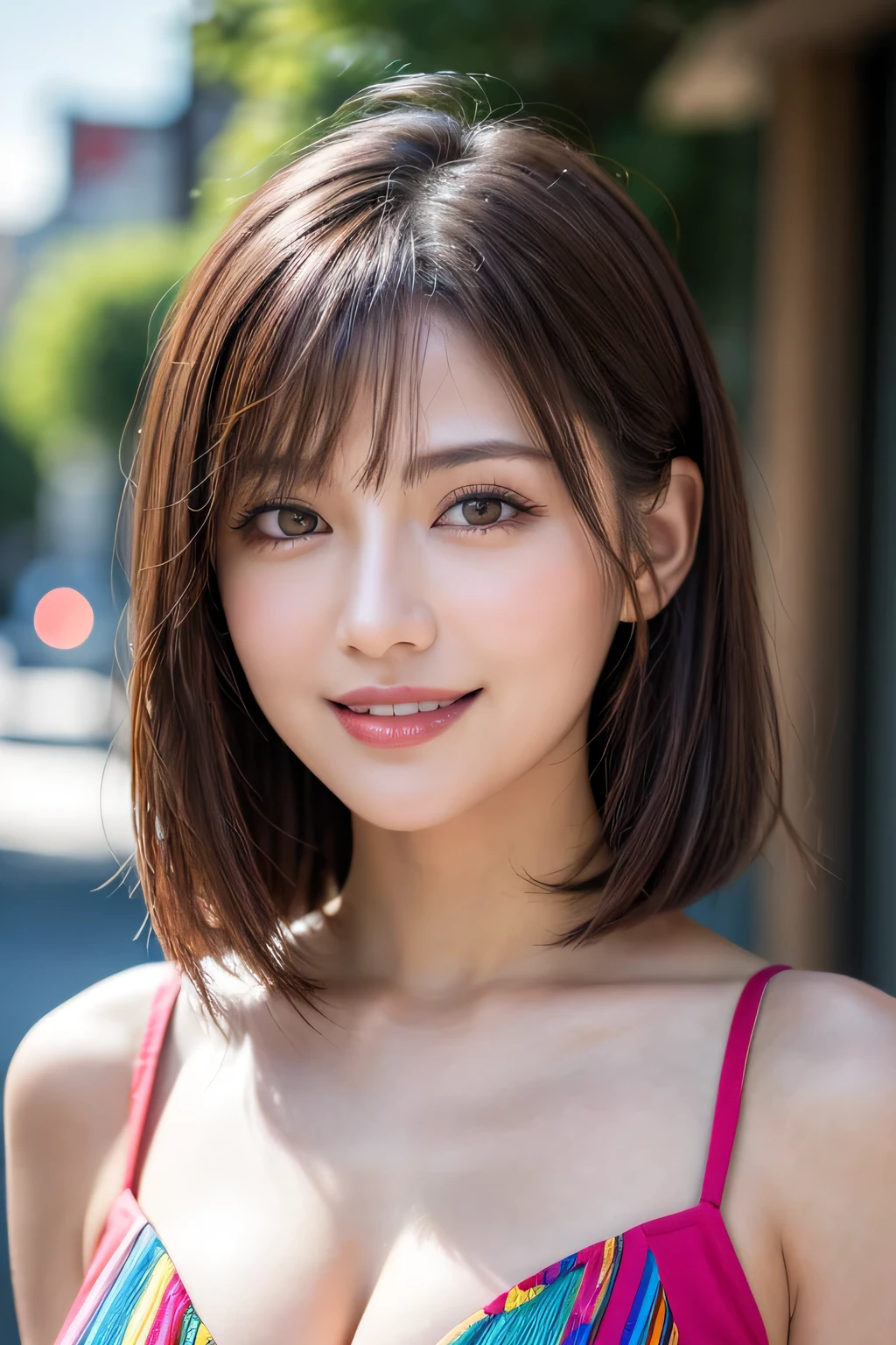 (8k, RAW Photos, highest quality, masterpiece, Realistic, Realistic), (1 female), (The ultimate beautiful middle-aged woman), Highly detailed face, (Perfect Teeth), Beautiful Eyes, double eyelid, eyelash, smile, Lip details, (Neat brunette bob), The light shines on your face, Big Breasts, ((Colorful mini dresses)), (front view), (background: none),  Background blur