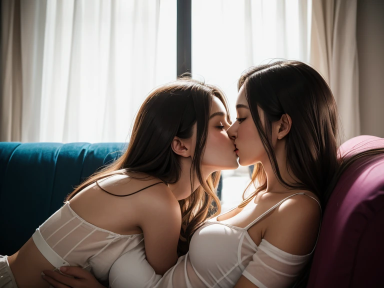 peeking perspective, 2 intimated young ladies, one as 25 years old, another as 32 years old, kissing each other passionated, one above another, cuddling on sofa, wearing strap-top