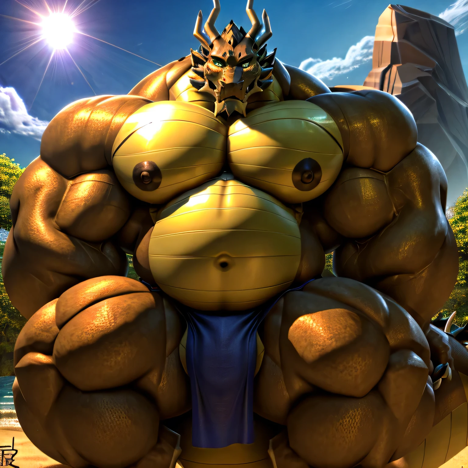 shendu, eastern dragon king, male dragon, eastern dragon,hefty body,  with very big muscles, hulking, huge, colossal body,  extremely strong, big abdominal muscles, hefty musclegut, pecs, Strong and robust musclegut , prominent muscle abs, sharp claws, legs,  feet, full body, loincloth,  nipples, sunlight, daylight, outdoor, bright , at noon,  good weather,  4k, best quality, 