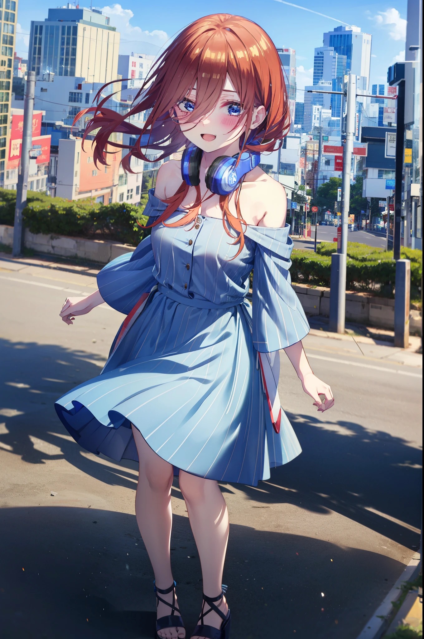 Mikunakano, Miku Nakano, Long Hair, bangs, blue eyes, Brown Hair, shirt, Hair between the eyes, Headphones around the neck,happy smile, smile, Open your mouth,Off-the-shoulder blue dress,Bare shoulders,bare clavicle,Bare neck,Bare arms,Blue long skirt,Cute heeled sandals,Real Summer,Daytime,sunny,My hair is blowing in the wind,whole bodyがイラストに入るように,Looking down from above,
break outdoors, city,海岸通り
break looking at viewer, whole body,
break (masterpiece:1.2), highest quality, High resolution, unity 8k wallpaper, (shape:0.8), (Beautiful details:1.6), Highly detailed face, Perfect lighting, Highly detailed CG, (Perfect hands, Perfect Anatomy),