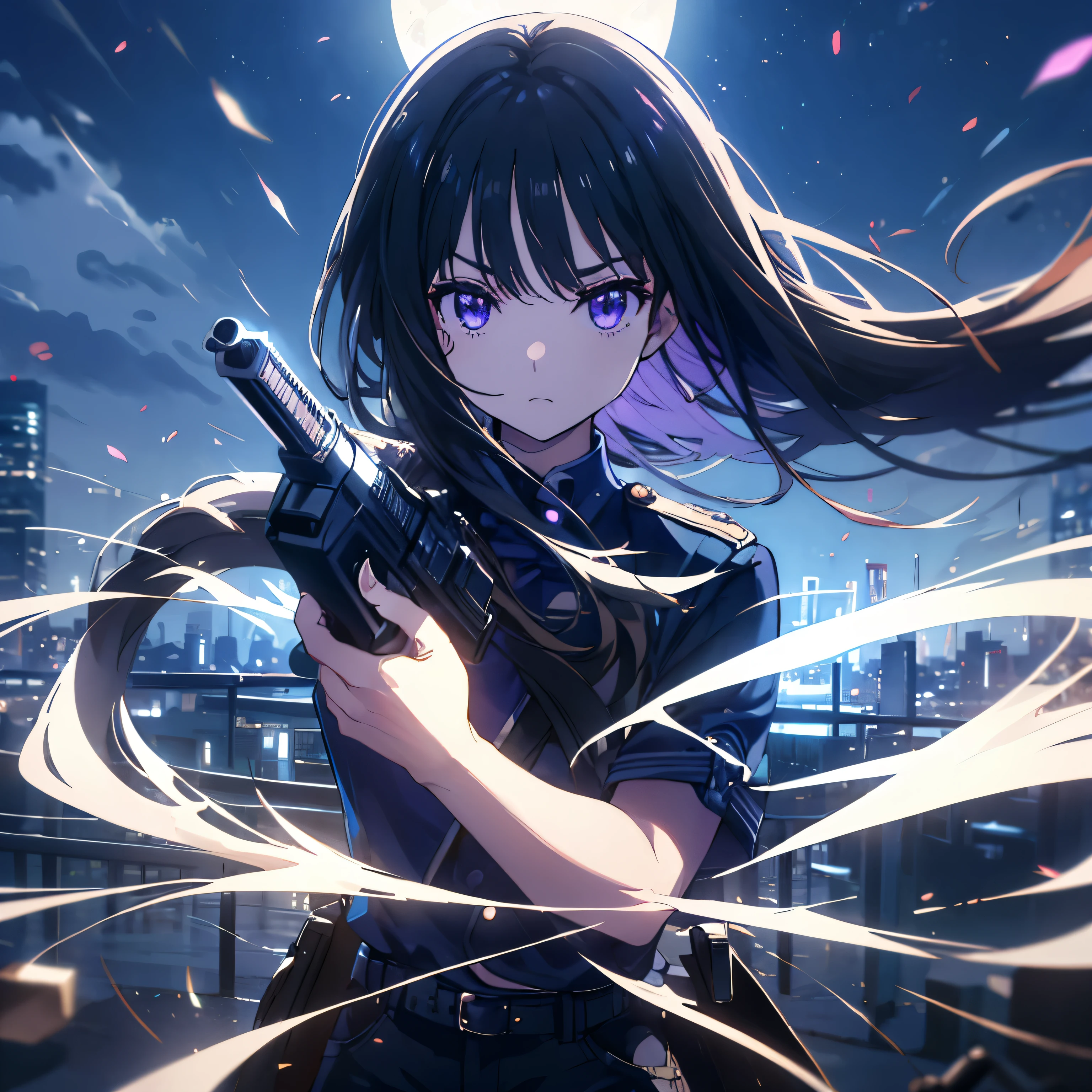 (((1 person)))、highest quality, High resolution, Very detailed, Detailed Background, Perfect lighting、Black Hair、Purple eyes、Serious face、Ready your gun?、Blue Uniform、Dark blue jeans、night、full moon
